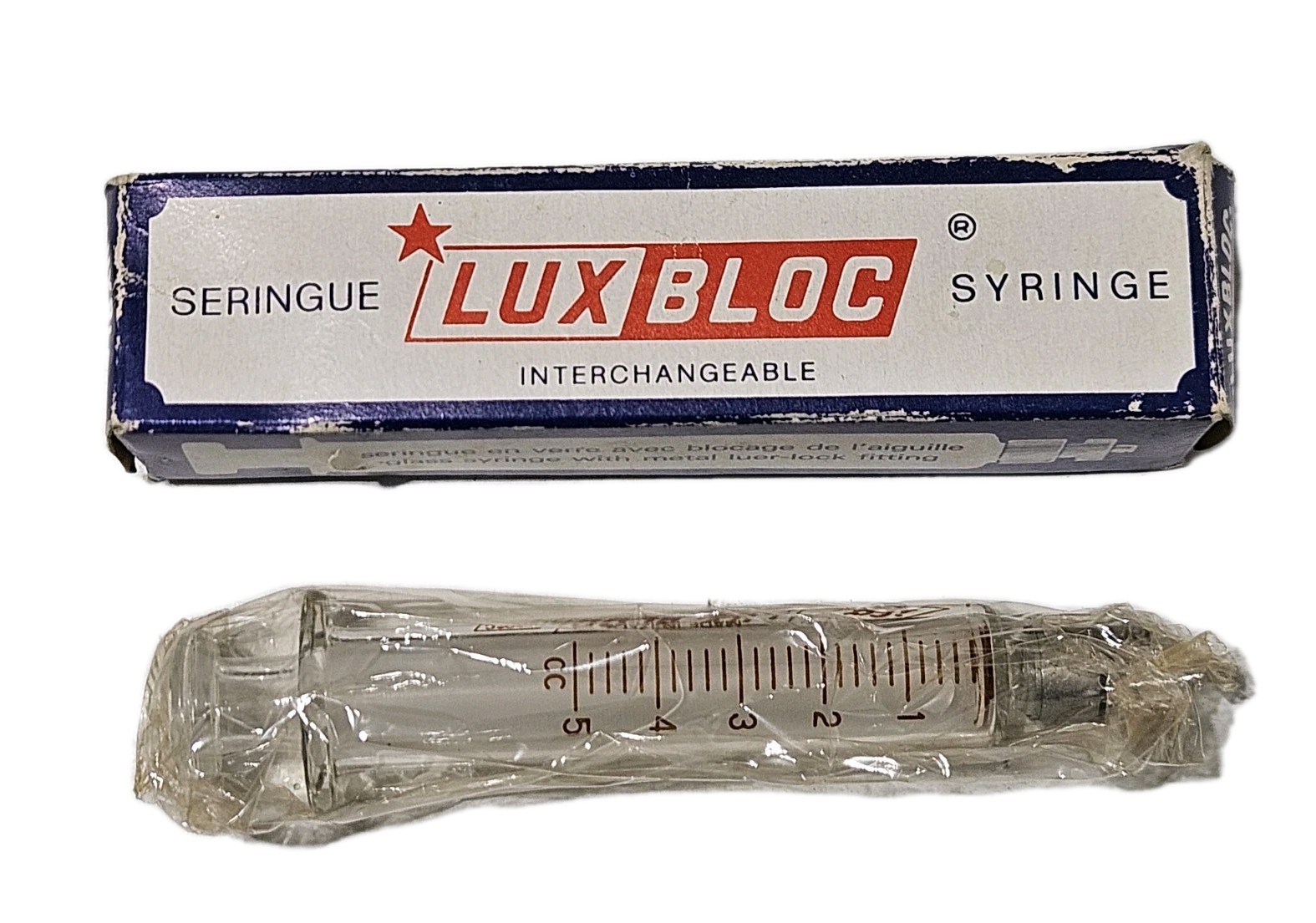 Lux Bloc Interchangeable Glass 5cc Syringe Metal Luer Lock Tip w/ Glass Plunger