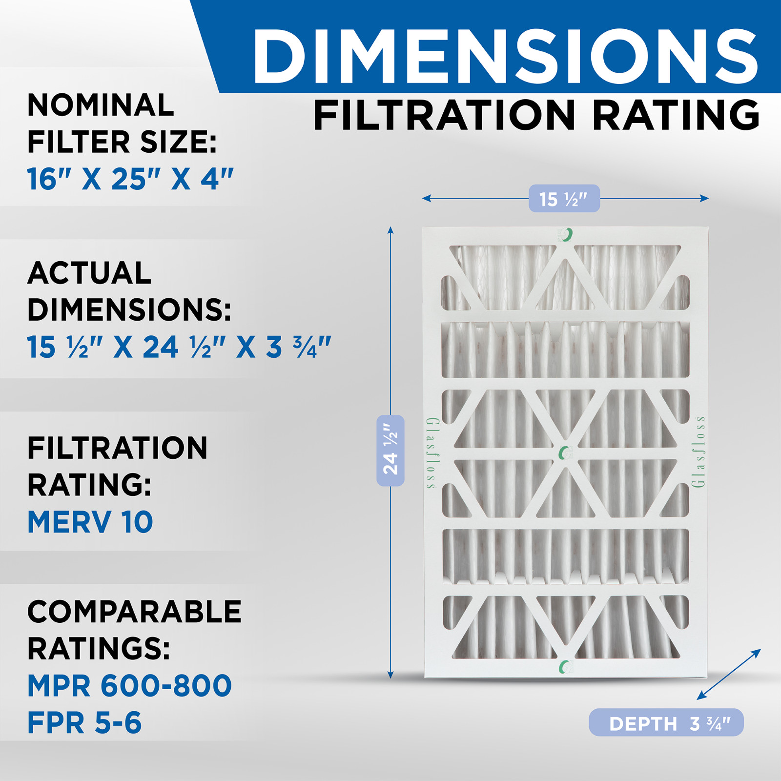 16x25x4 MERV 10 AC Air Filters. 6 PACK. Actual Size: 15-1/2 x 24-1/2 x 3-3/4