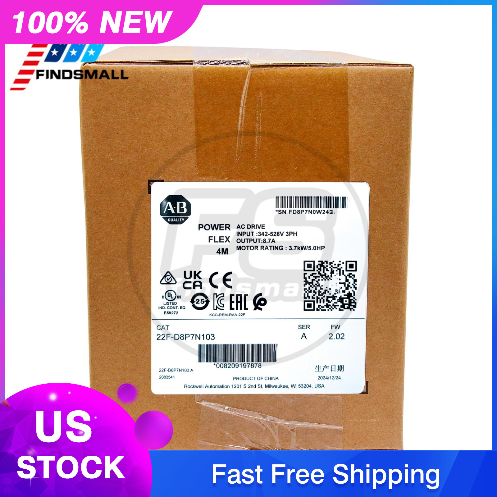 2024 New Sealed Allen Bradley 22F-D8P7N103 PowerFlex 4M-3.7 kW 5HP AC Drive