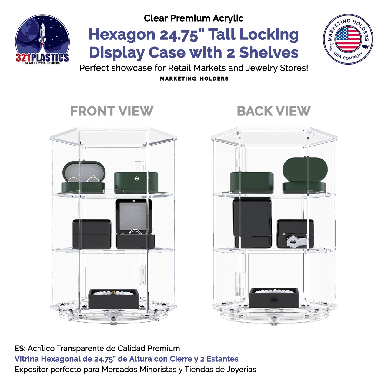 Spinning Acrylic Display Cabinet Clear Retail Locking Showcase with 2 Shelves