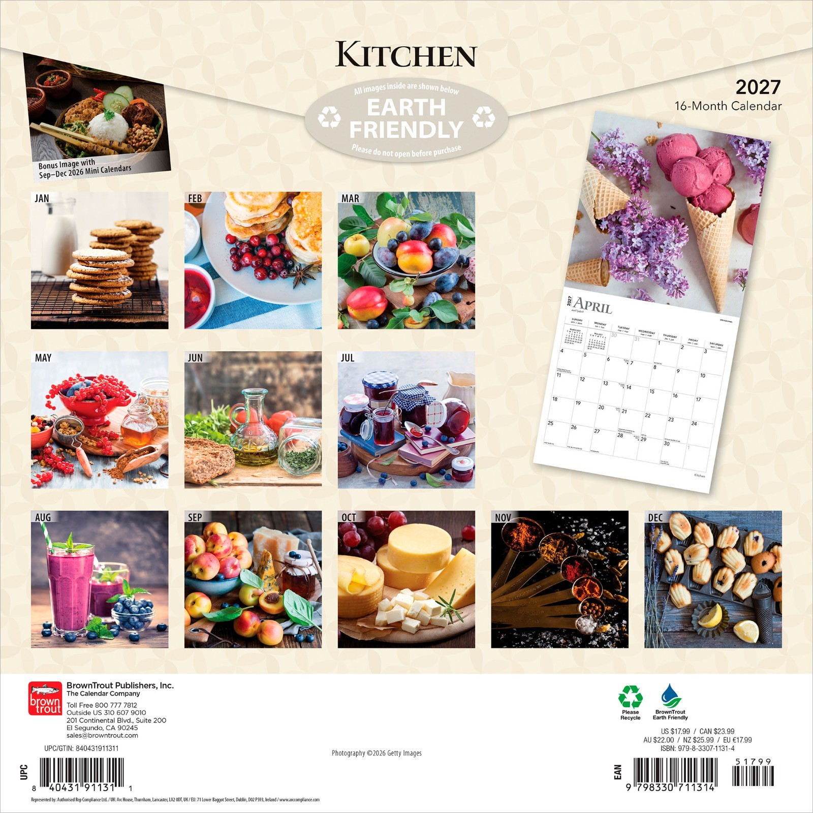 Kitchen | 2027 12×24″ (Hanging) Monthly Square Wall Calendar | Plastic-Free