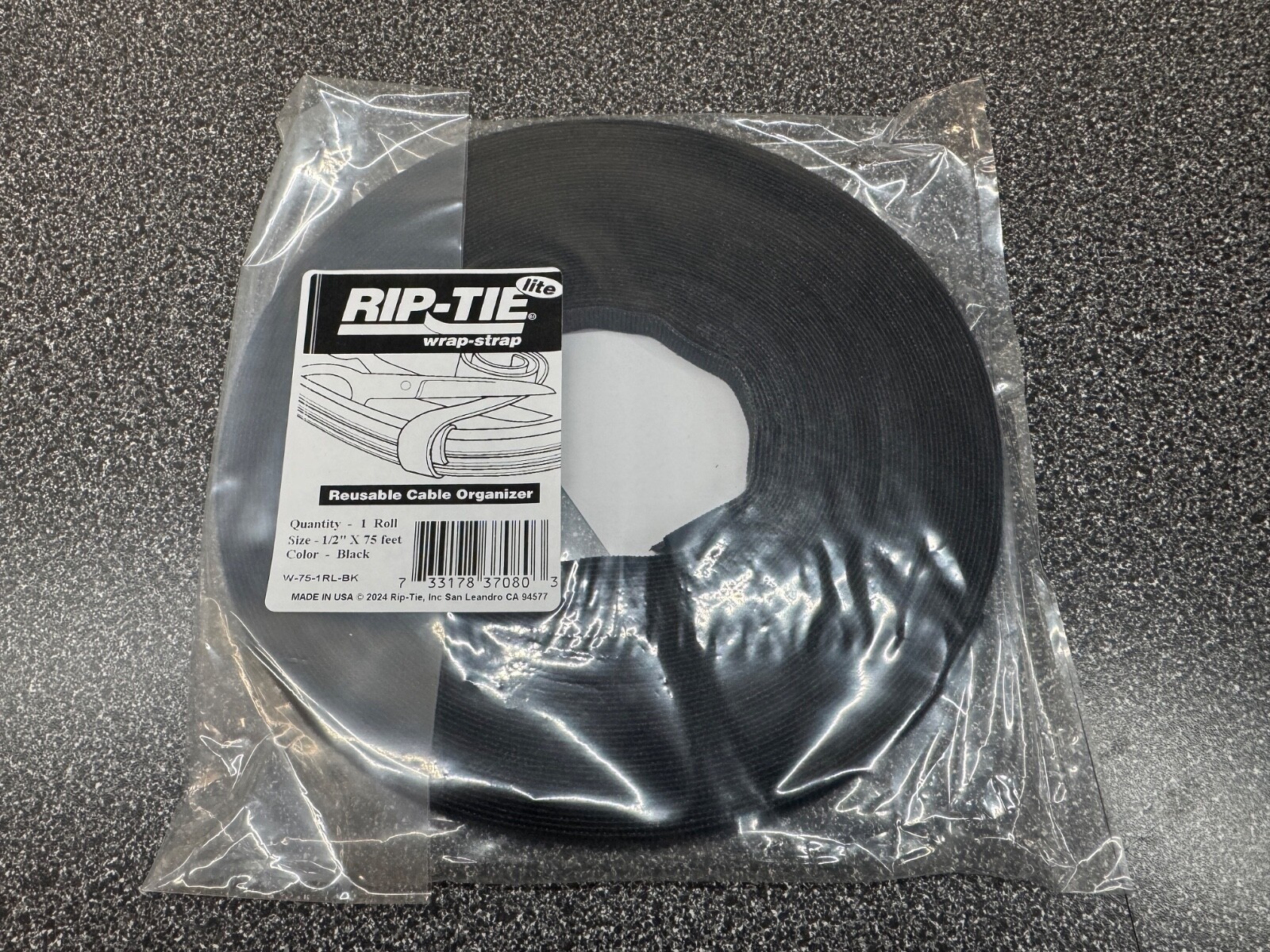 Rip-Tie W-75-1RL-BK Black Reusable Cable Organizer Roll 1/2 inch x 75 feet. F/S
