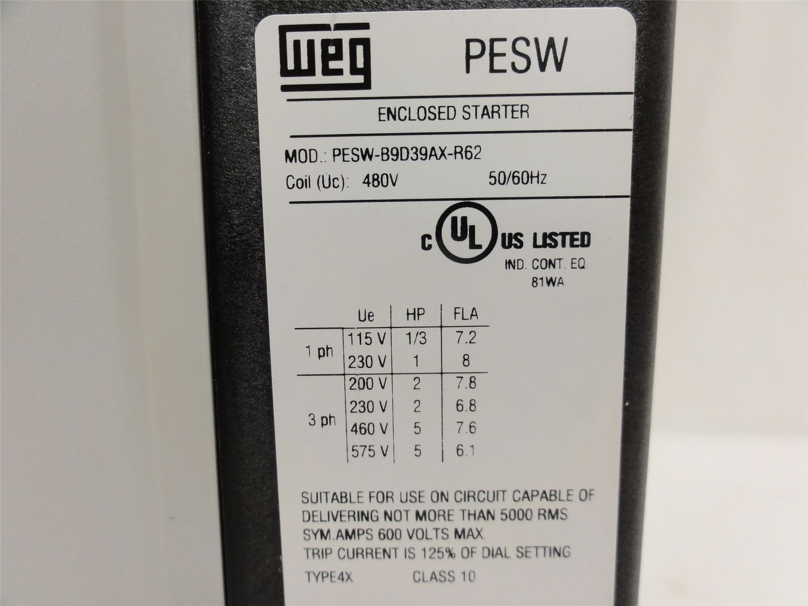253710 New-No Box; WEG PESW-B9D39AX-R62 Enclosed Starter 115V 1ph; 230/460V 3Ph