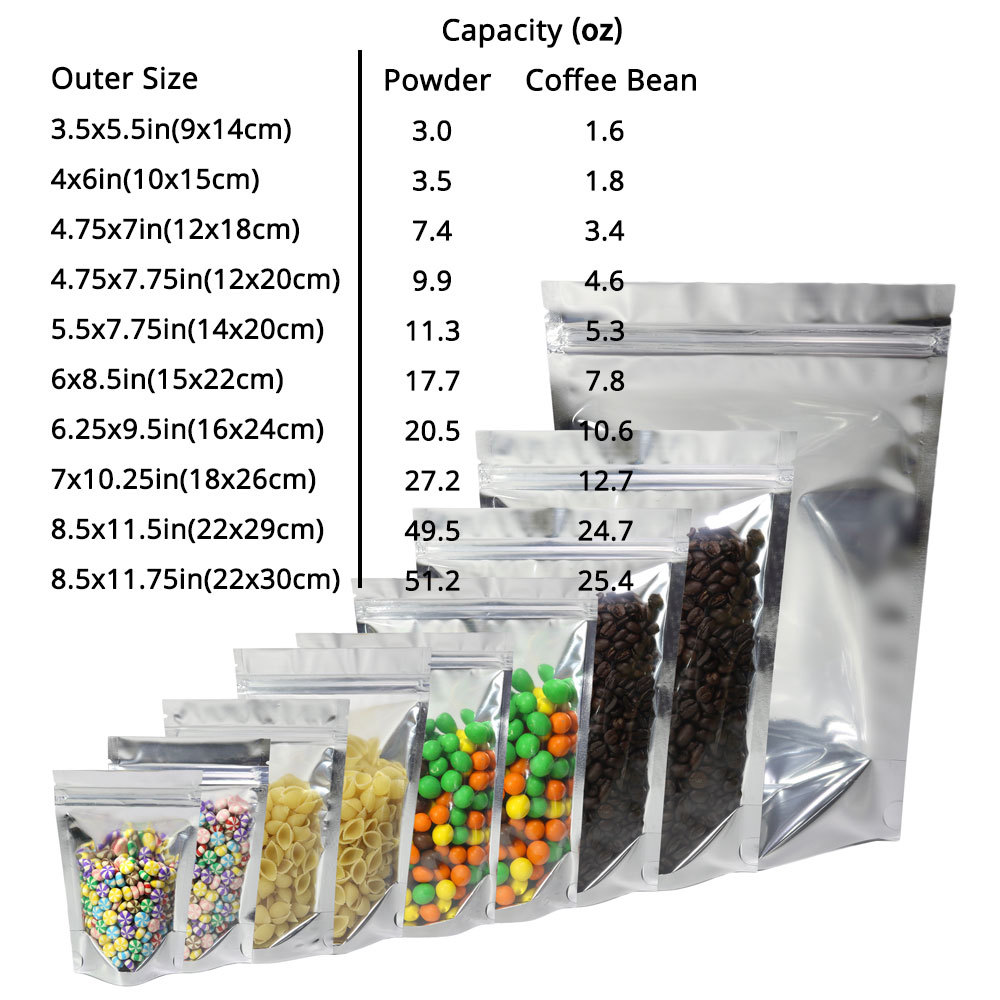 3~51.2oz Glossy Clear Front Color Inside Silver Back Foil Stand up Zip Lock Bag