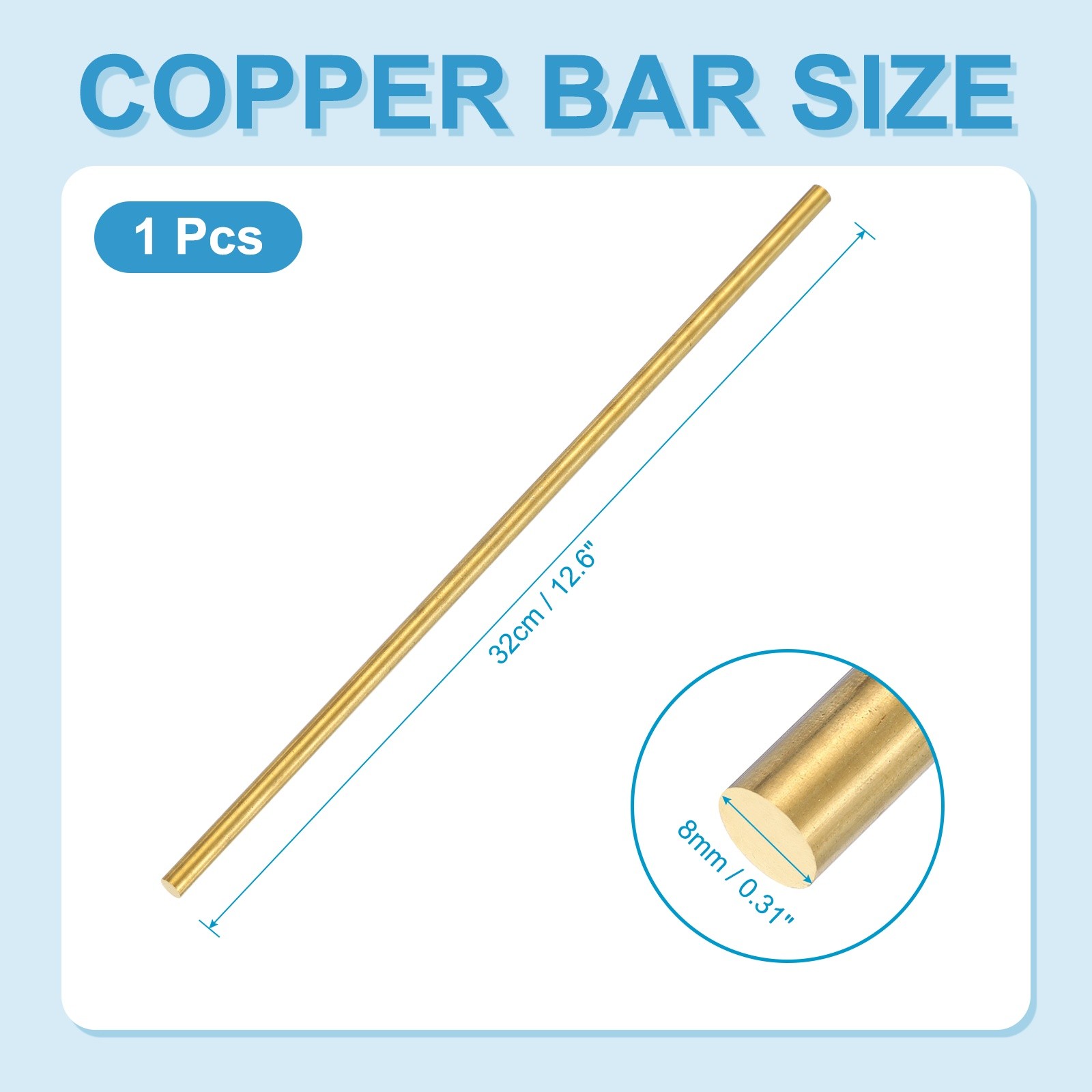 8mm Dia. 32cm / 12.6 Inch Length Round Brass Rods, Brassy