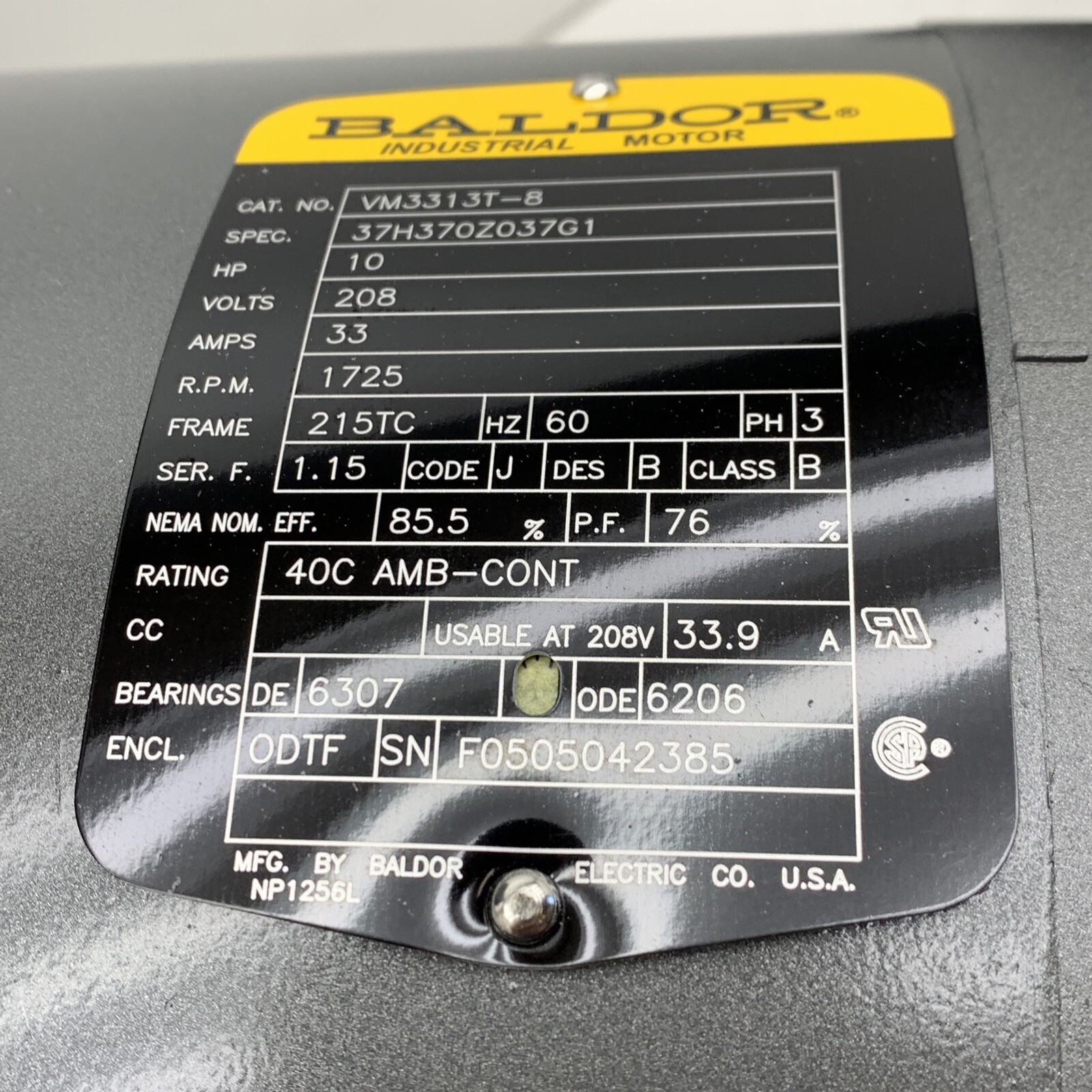 Baldor VM3313T-8 General Purpose Footless Motor 10HP 1725RPM 215TC, 208V ONLY