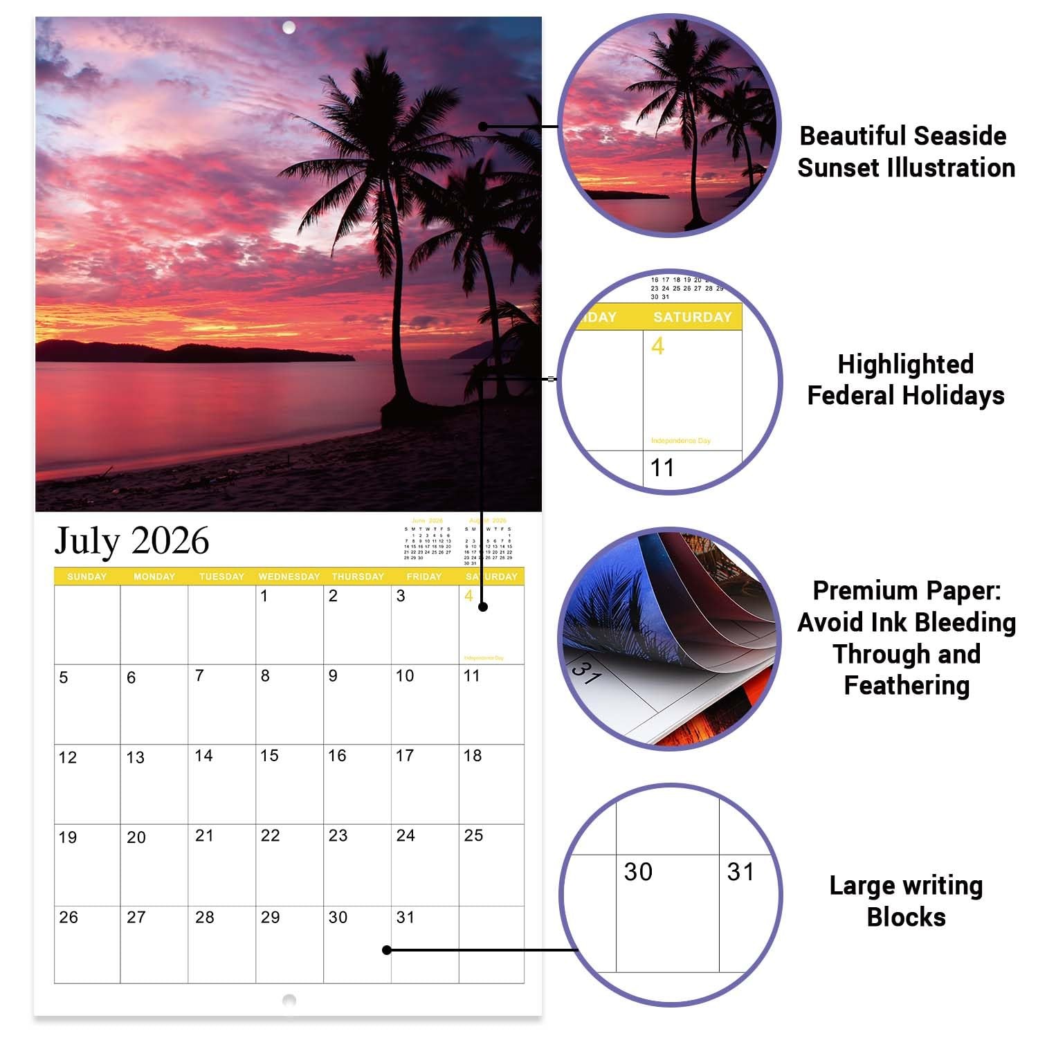 2026-2027 Wall Calendar BEACHES, 18 Months Hangable Calendars, green