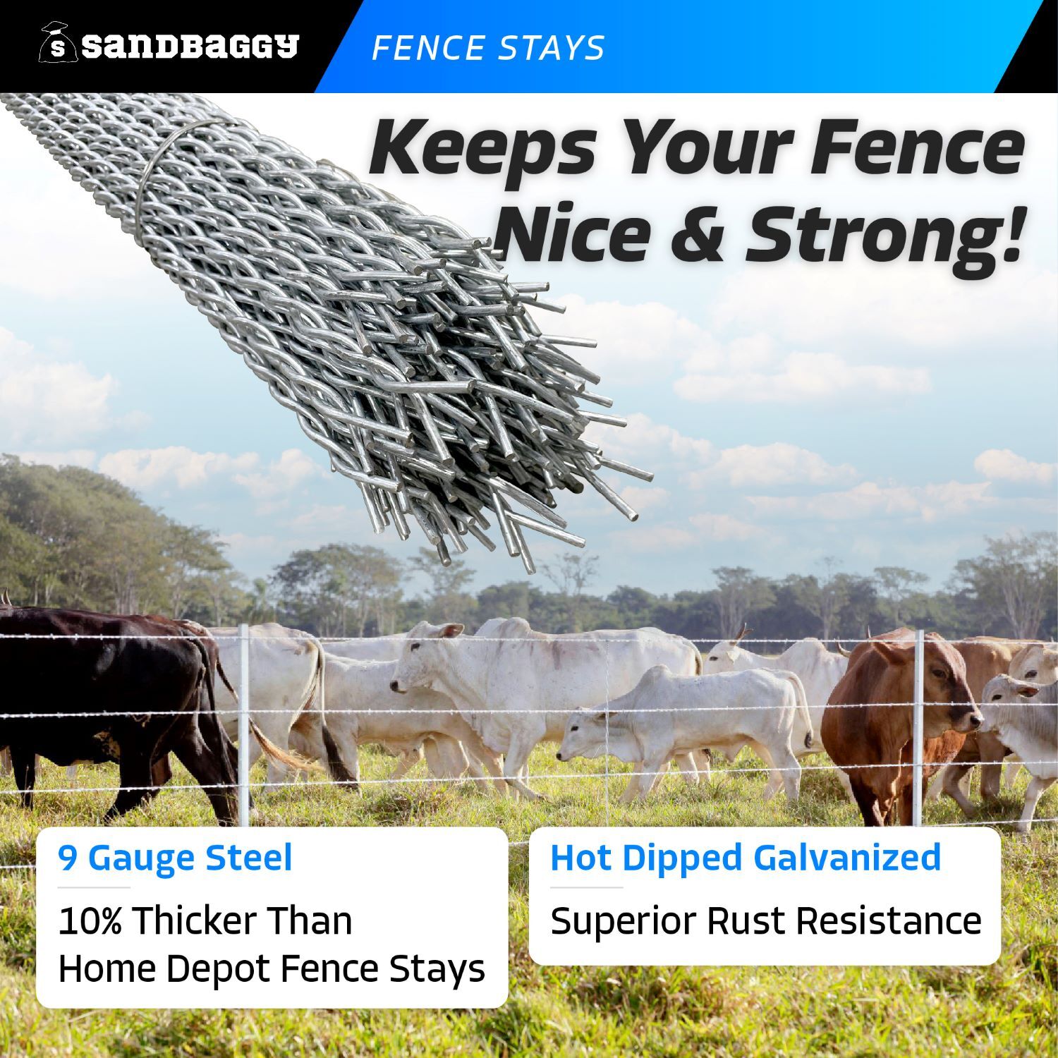 42 in. Wire Fence Stays – Class 1 Galvanized Steel – Barbed & Barbless Wire