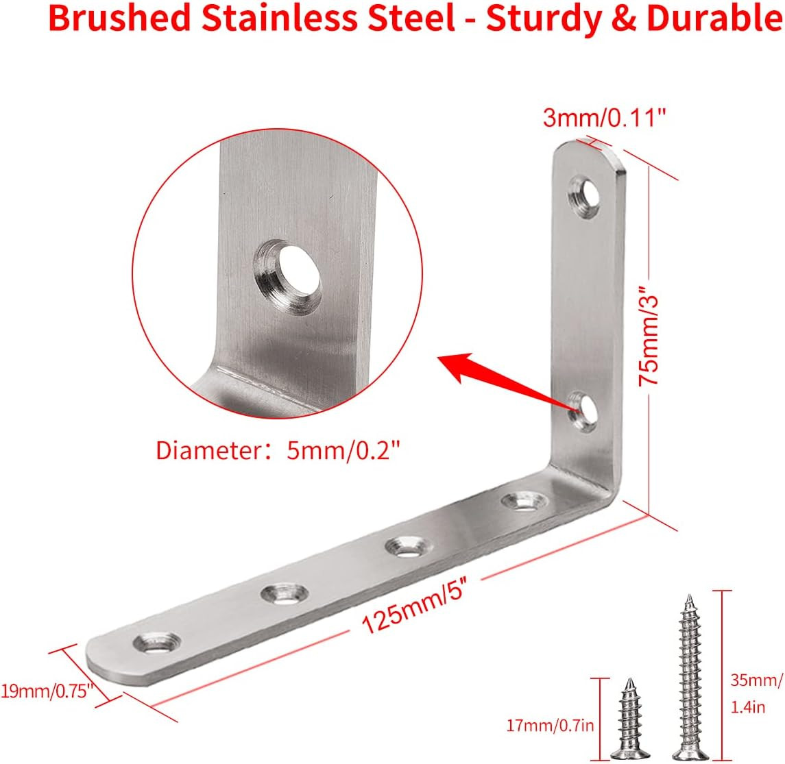 L Bracket, 5″ X 3″ Max Load: 35Lb/15Kg Heavy Duty Stainless Steel Solid Shelf Su