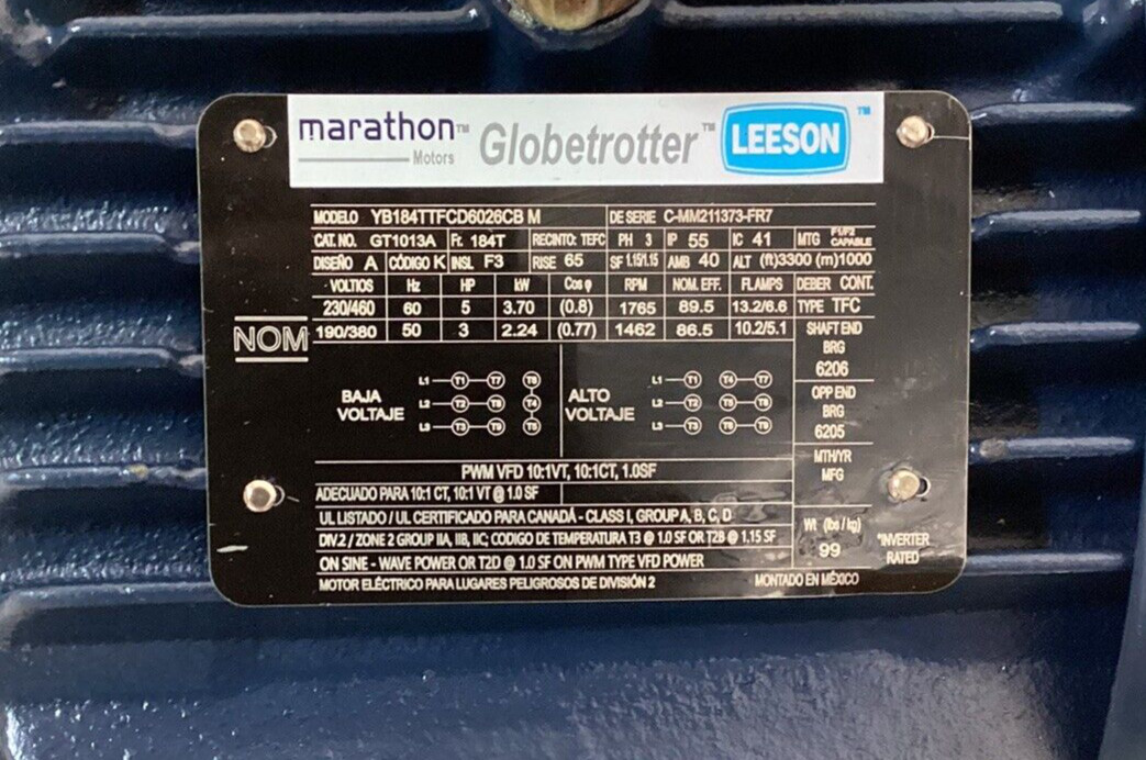 MARATHON MOTORS 184TTFCD6026 General Purpose Motor 3 Phase 5 HP 230/460V AC