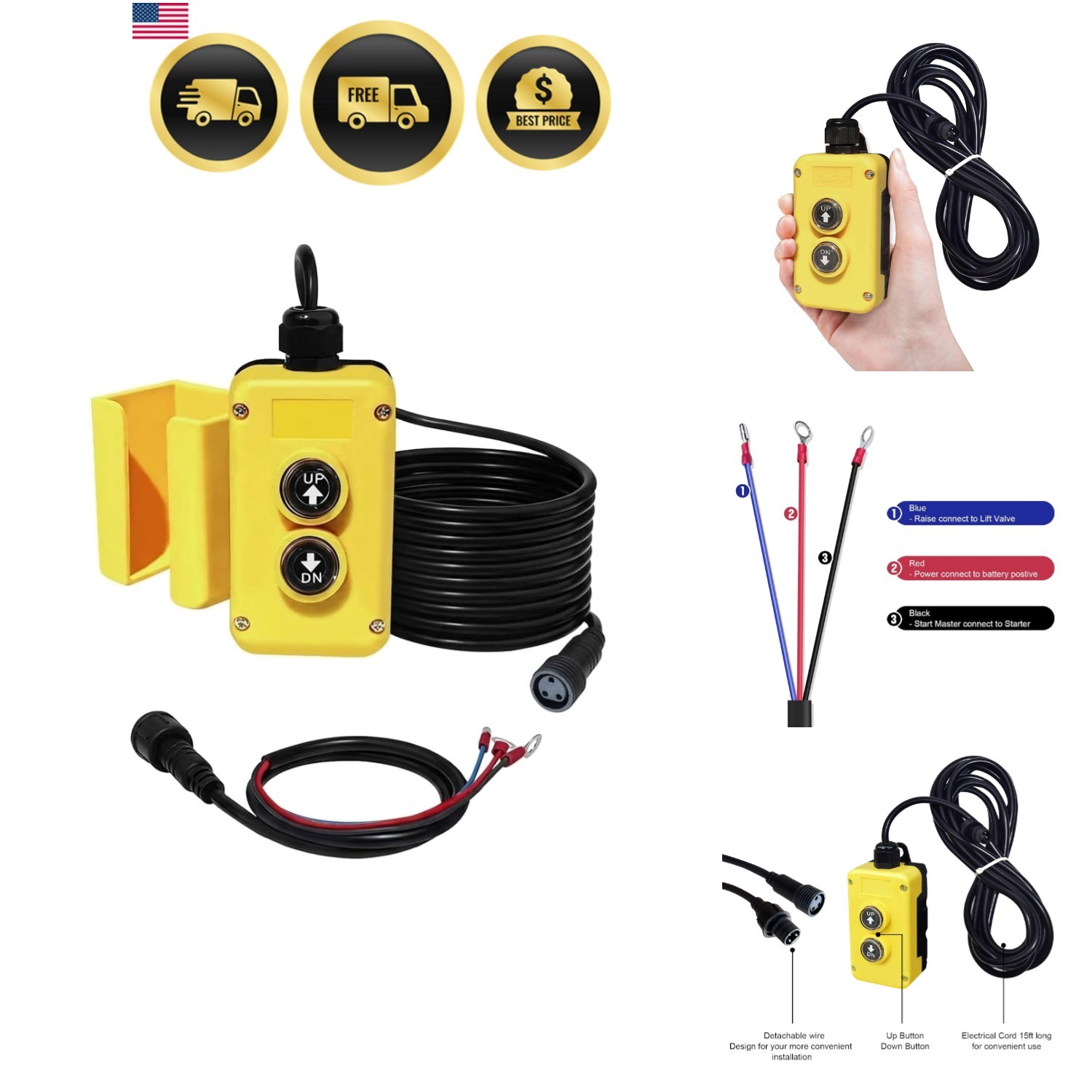 3 Wire Dump Trailer Remote Control Switch for 12V DC Single Acting Hydraulic …