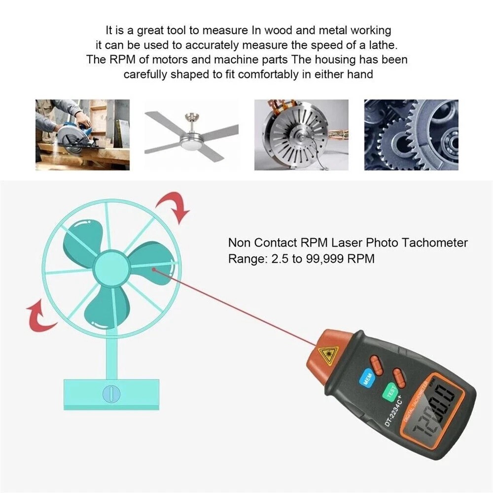 Digital LCD Tachometer Laser Photo Non Contact RPM Tach Meter Motor Speed Gauge