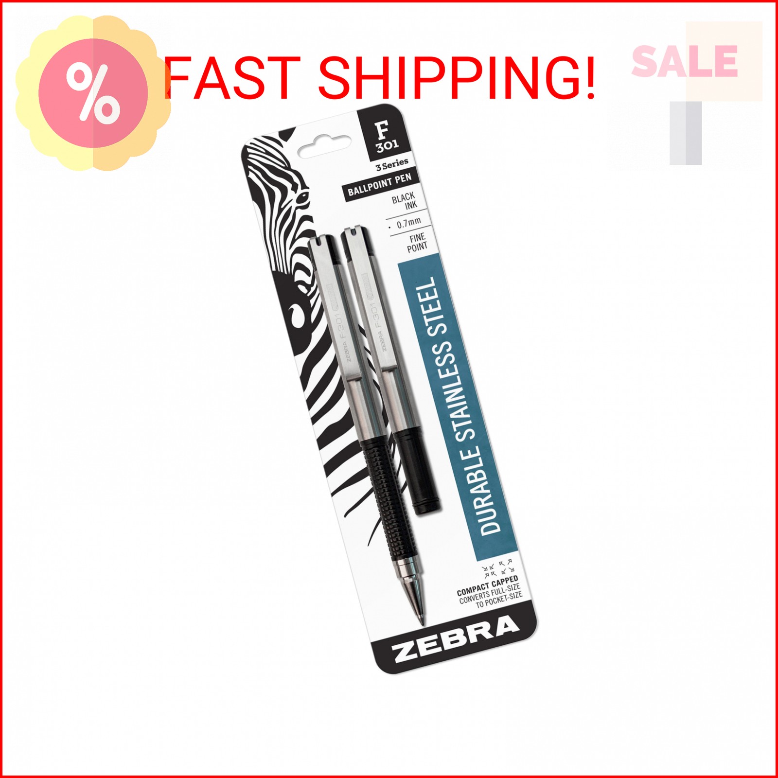 Zebra Pen F-301 Compact Retractable Ballpoint Pen, Stainless Steel Barrel, Fine