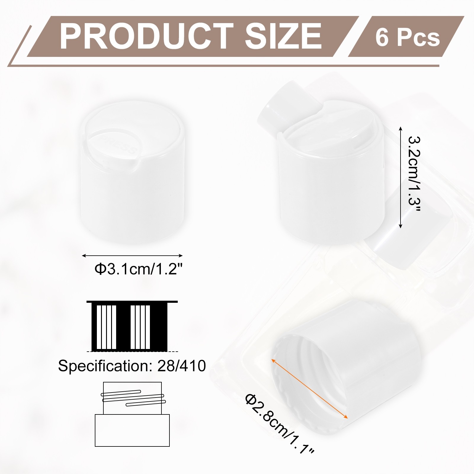 6Pcs White Disc Top Caps Replacement 28/410 Plastic Press 1.3×1.2×1.1 Inch
