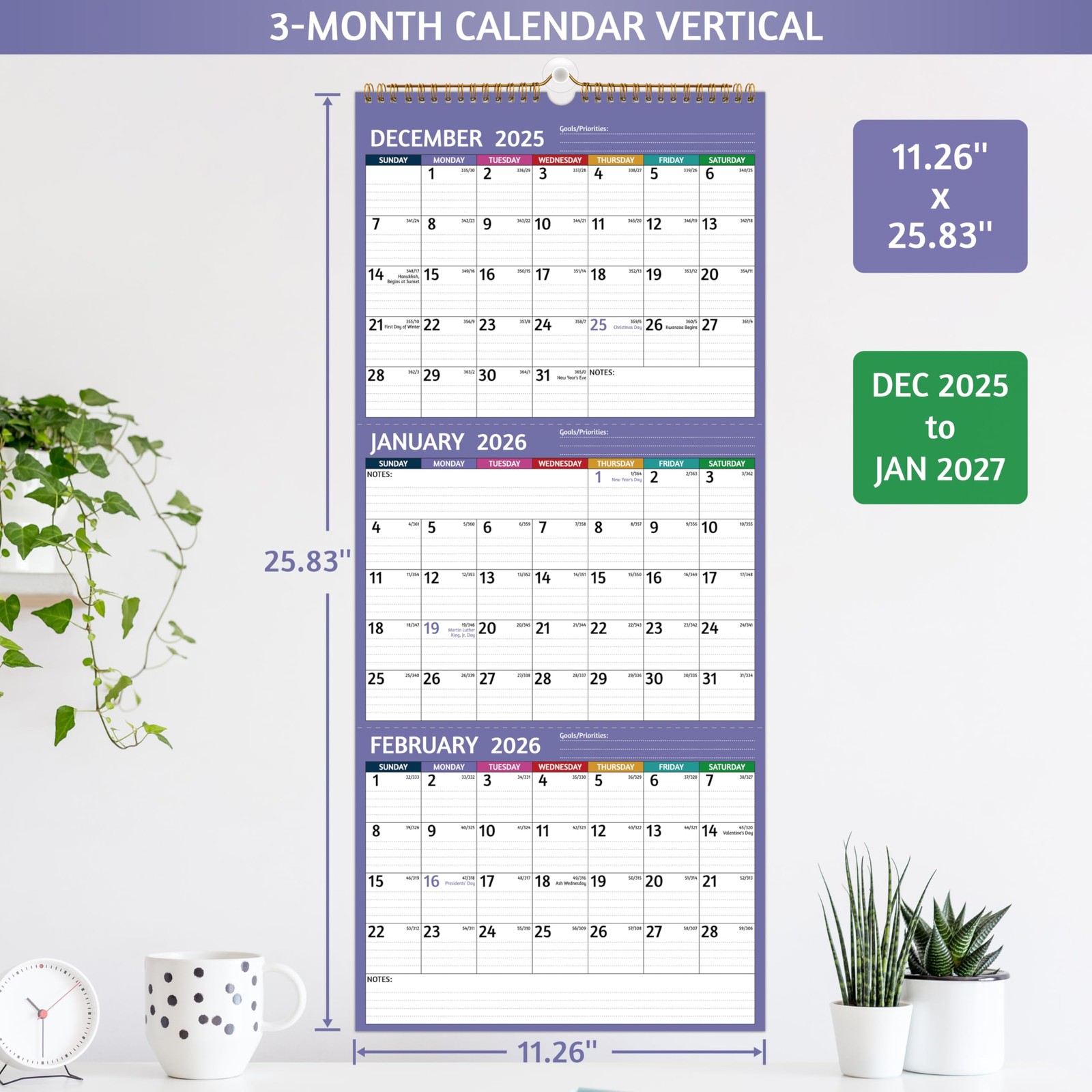 2026 Wall Calendar – 3 Month 2026 Vertical, Jan 2026 – Dec 2026, 3…