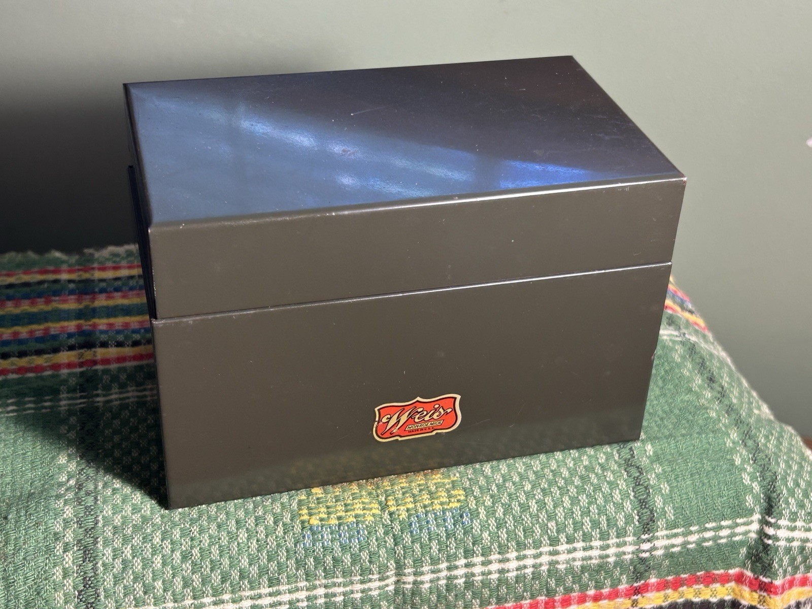vintage small dark green WEIS metal file card office recipe BOX 5.5×3.25×3.5″