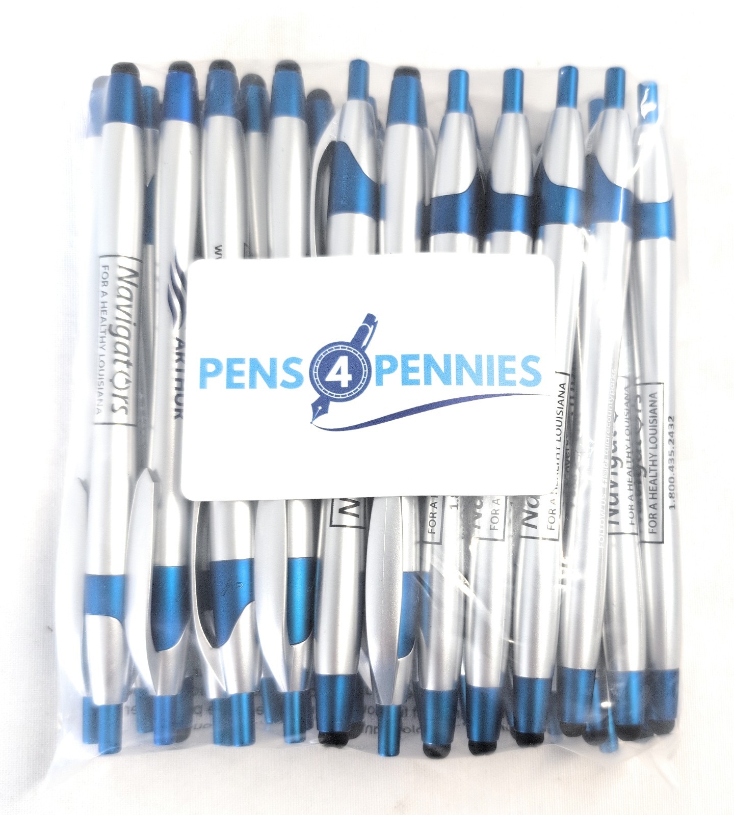 30ct Mixed Lot Misprint Stylus Click Pens: JAVALINA Hub Pen SILVER & BLUE 🔵