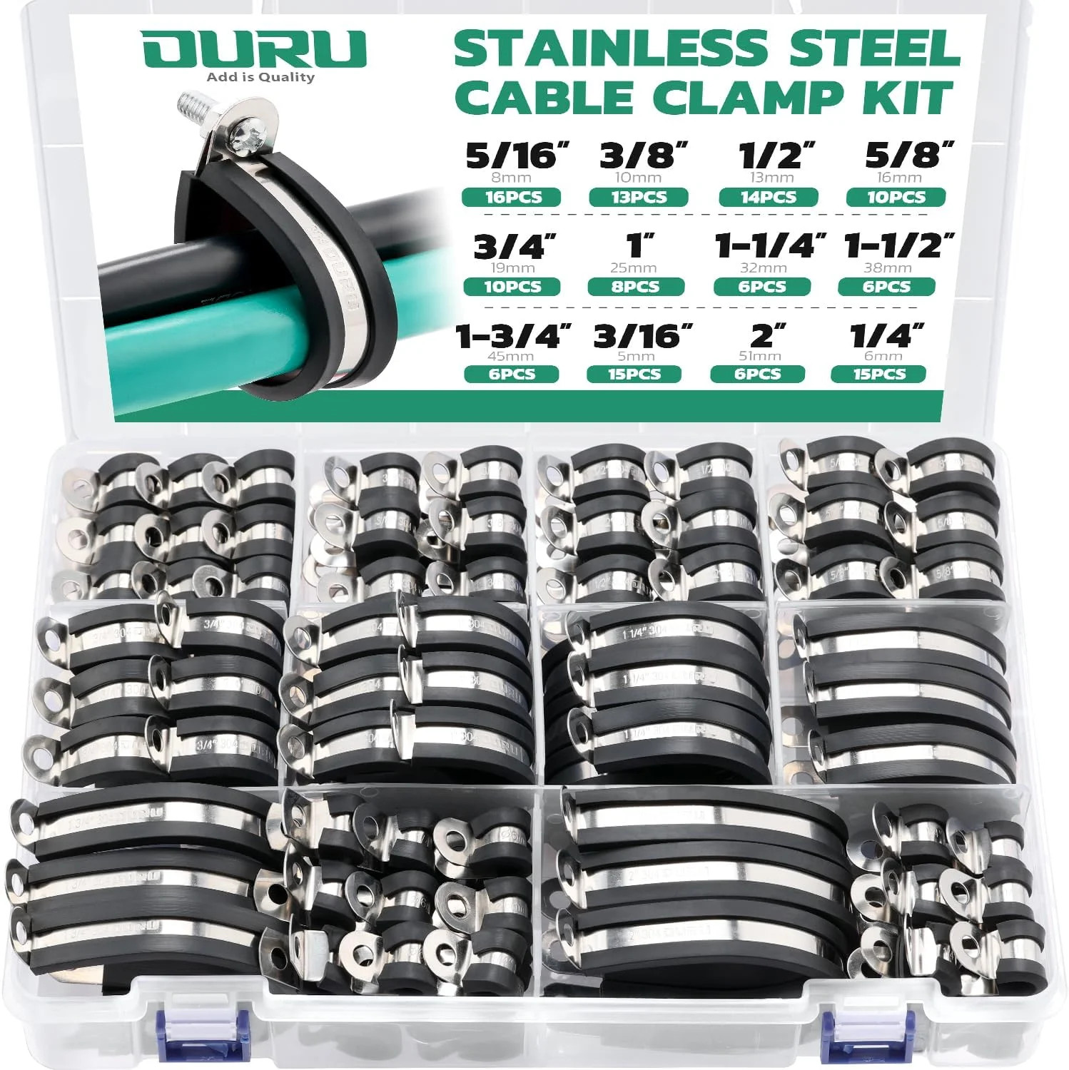 125PCS Cable Clamp,12 Sizes Stainless Steel Rubber Coated Cushioned Insulat