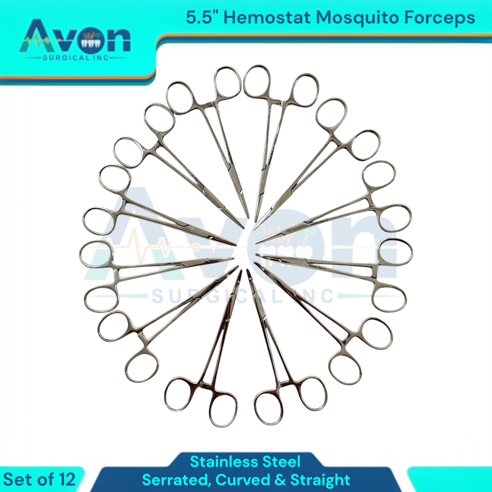 5.5in Hemostat Locking Mosquito Forceps Clamps | Cur+Str, Serrated | 12pc Lot