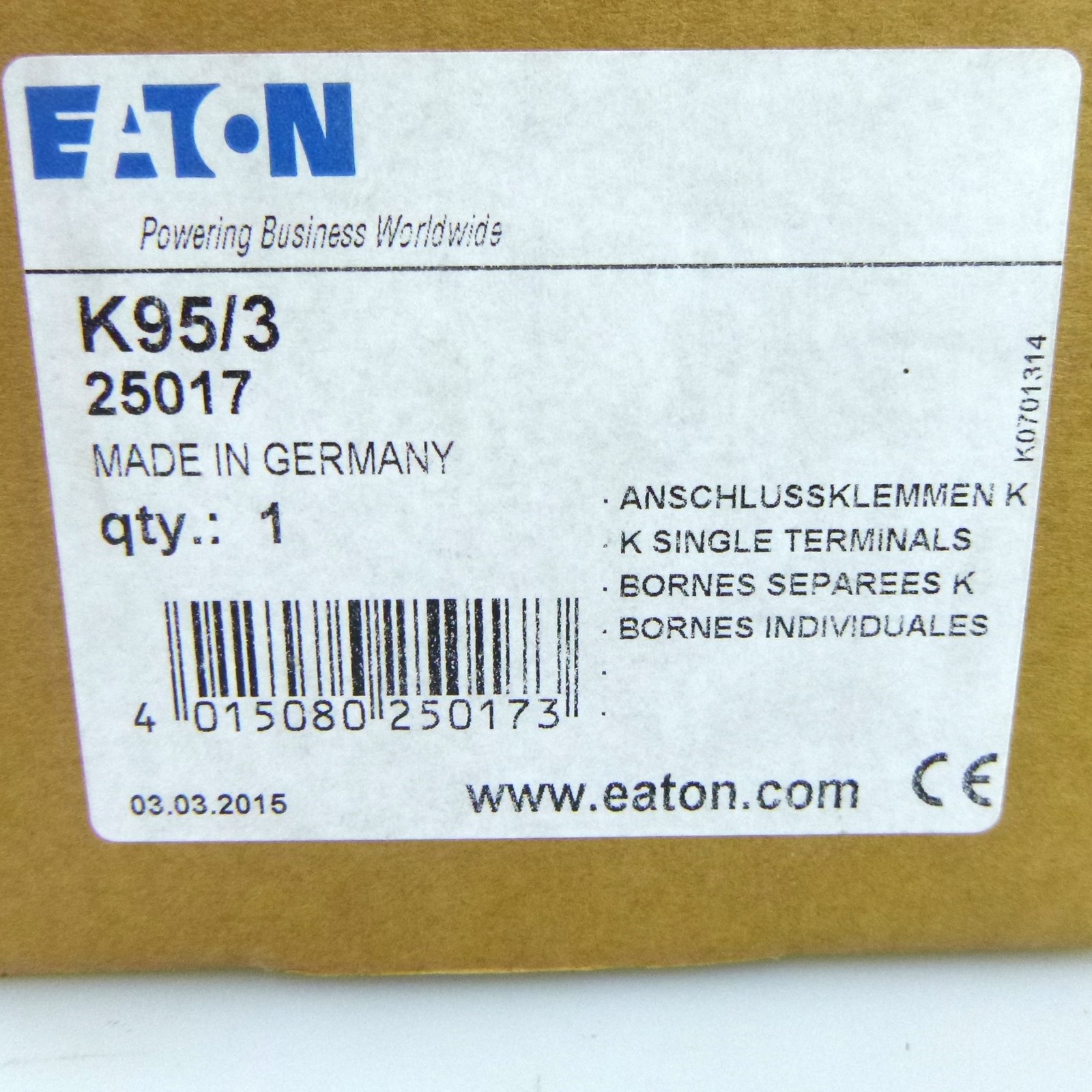 Eaton Terminal Block K95/3 25017 160A 3p Original Packaging