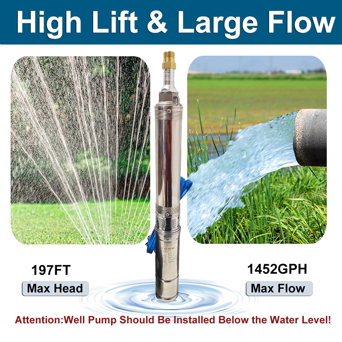 1HP Deep Well Submersible Pump, 4″ , 207 ft Max long life 220V 33GPM Sub 60Hz