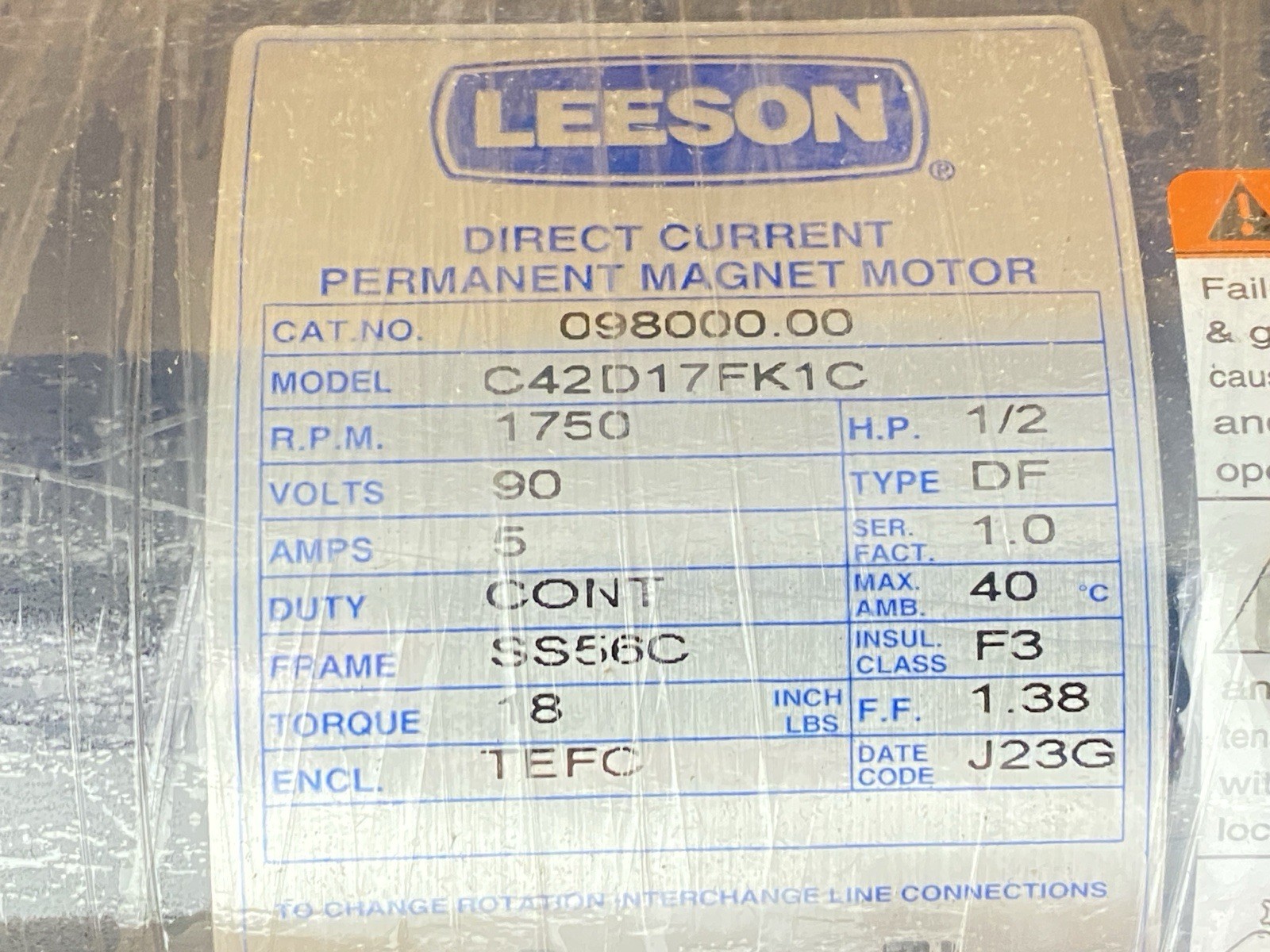 Leeson C42D17FK1C DC Electric Motor 0.50HP 1750RPM 90V 098000.00