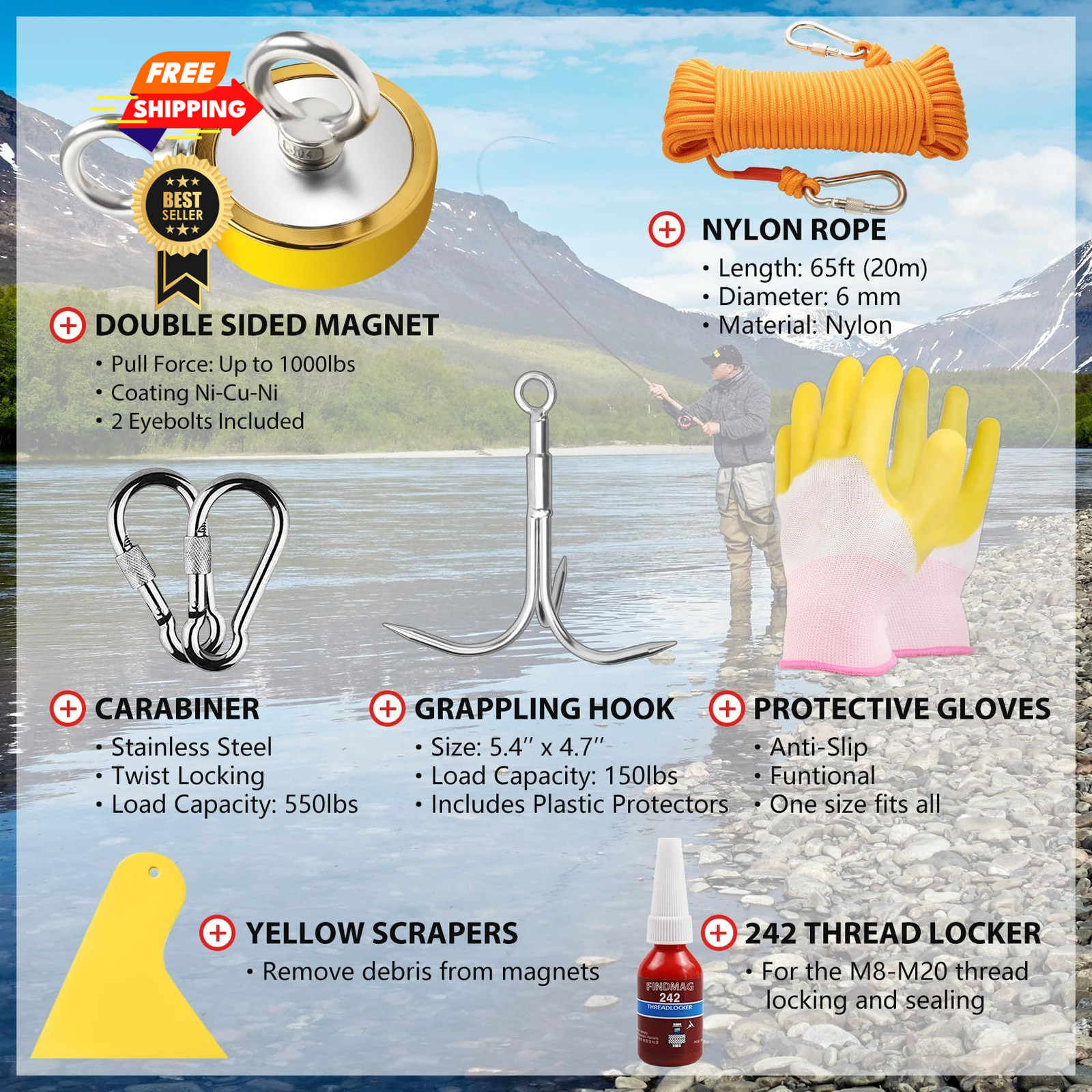 FINDMAG Double Sided 1000 lbs 2.95 inches(75mm)-1000lb, Golden Hole