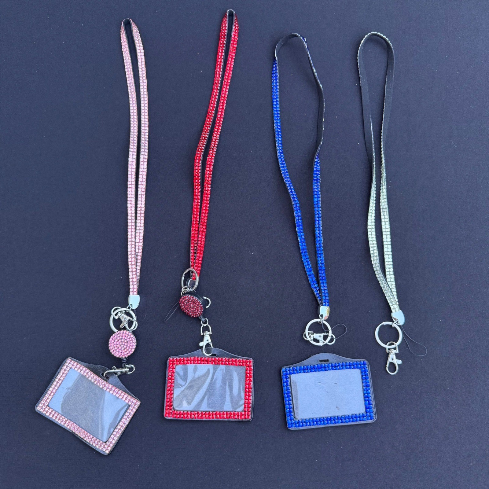 Lot of 4 Bling Rhinestone Lanyards with ID Badge Holders Pink Red Blue Silver