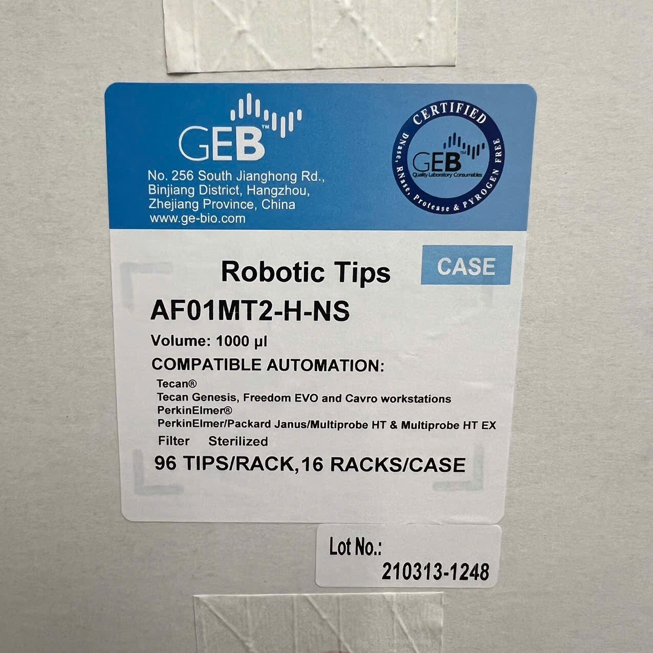 GEB AF01MT2-H-NS 1000μL Pre-Sterilized for Tecan Robotic Liquid Handler LiHa