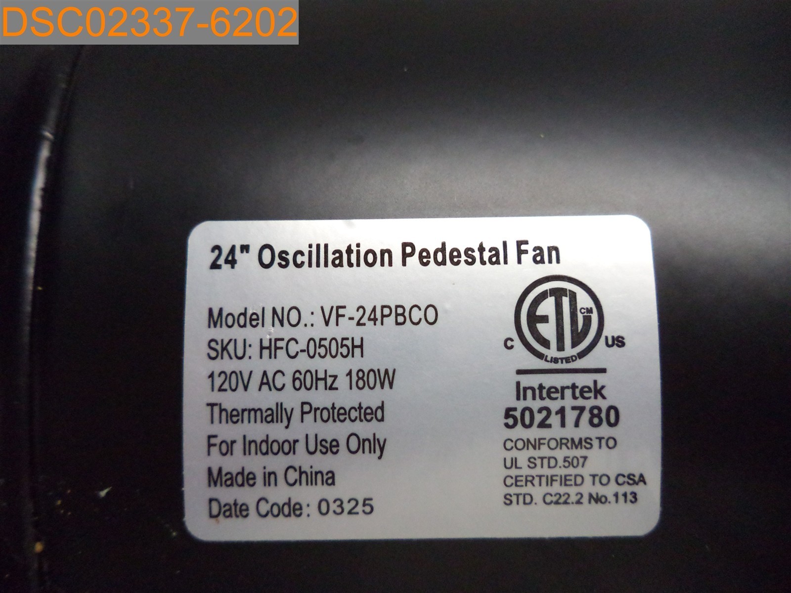 Bilt Hard HFC-0505H 24″ Oscillating Ped. Fan Motor, VF-24PBCO 120V AC 60Hz 180W