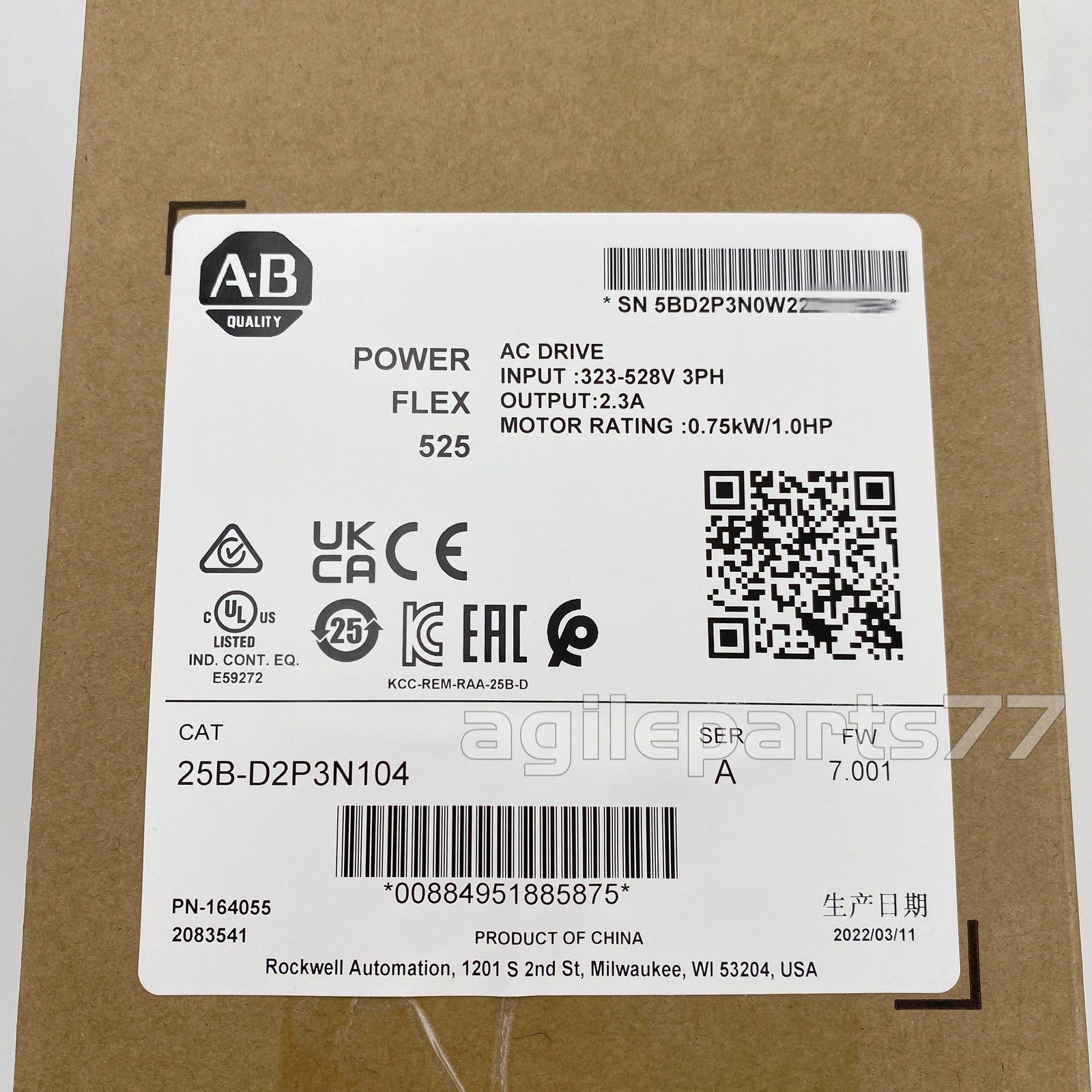 AB 25B-D2P3N104 PowerFlex 525 0.75kW 480V 1Hp AC Drive NEW factory Sealed US