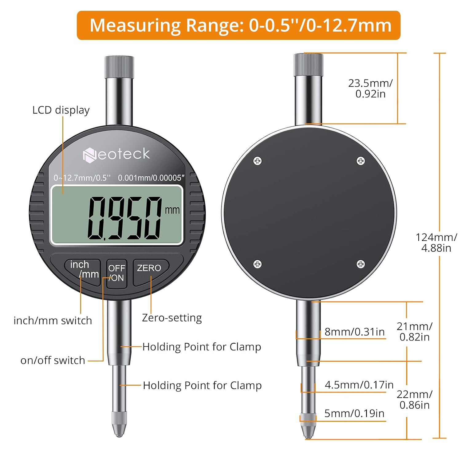 12.7Mm/0.5″ Digital Dial Indicator with 0.001Mm/0.00005″ Resolution | 0.5 M/S Re