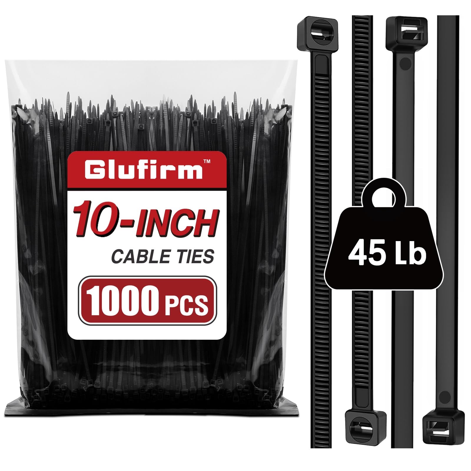 1000 Pack 10 inch Black Cable Ties 45lb Tensile Strength Plastic Wire Ties