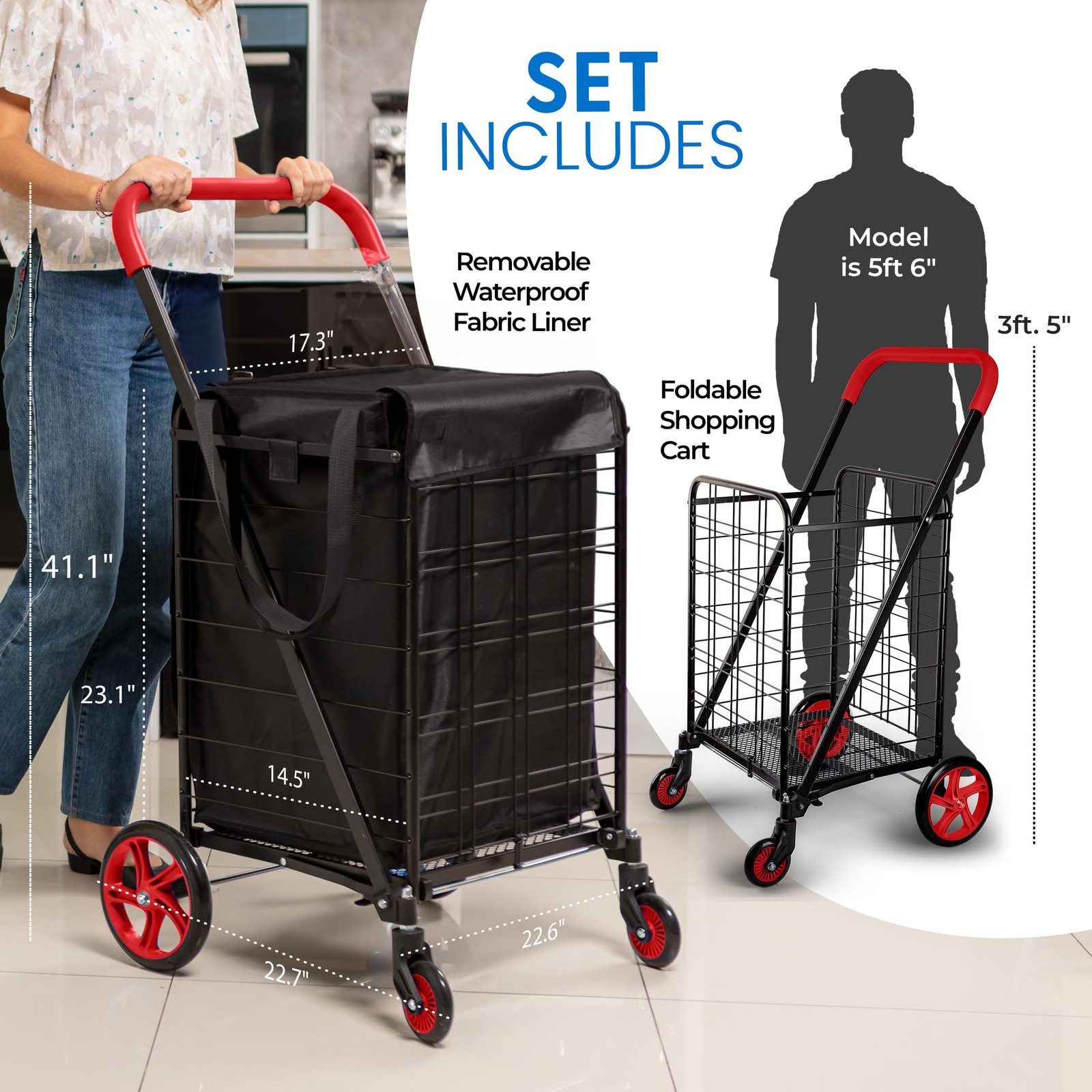 Serenelife Large Folding Utility Shopping Cart Removable Duty 360 Swivel Wheels
