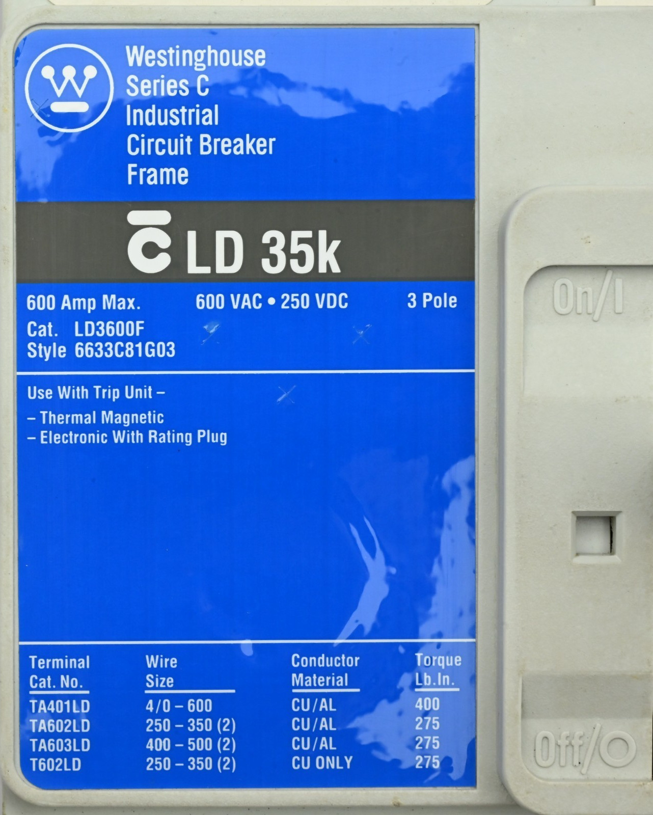 Westinghouse LD3600F Industrial Circuit Breaker 6633C81G03 600A 600VAC/250VDC 3P
