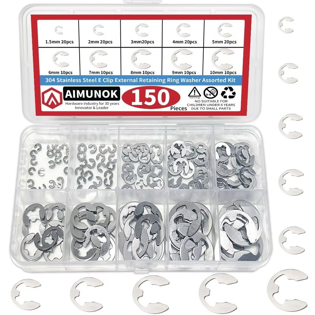 E-Clip External Retaining Rings 150 PCS 304 Stainless Steel C-Clip Kit