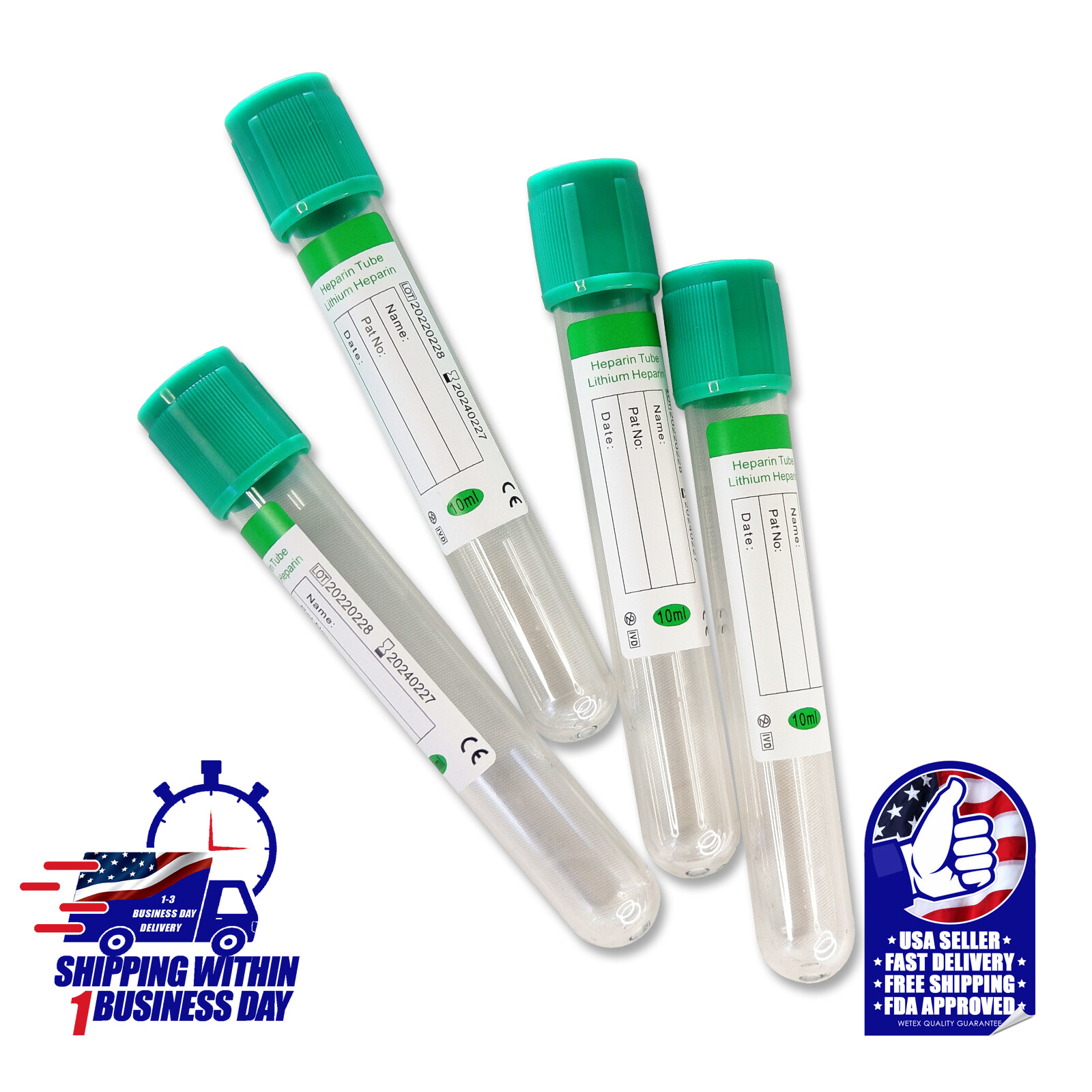 Vacuum Blood Collection Tube Heparin Lithium, 16x100mm, 10ml, Green, Exp 02/2024