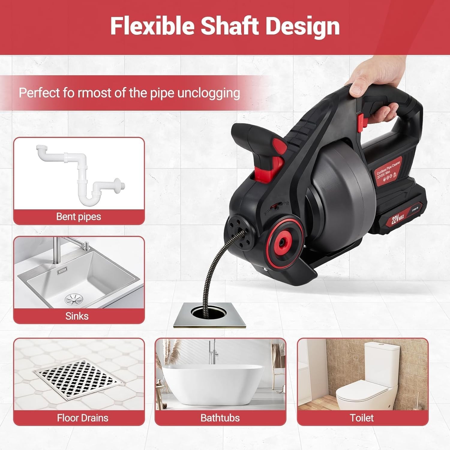 Garvee Drain Auger Electric 25ft Plumbing Snakes Drain Clog Remover w/ Battery