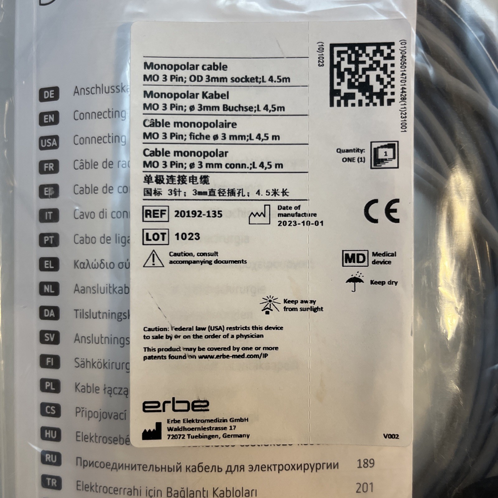 Erbe Monopolar Cable 3 Pin OD 3mm Socket 4.5m REF 20192-135