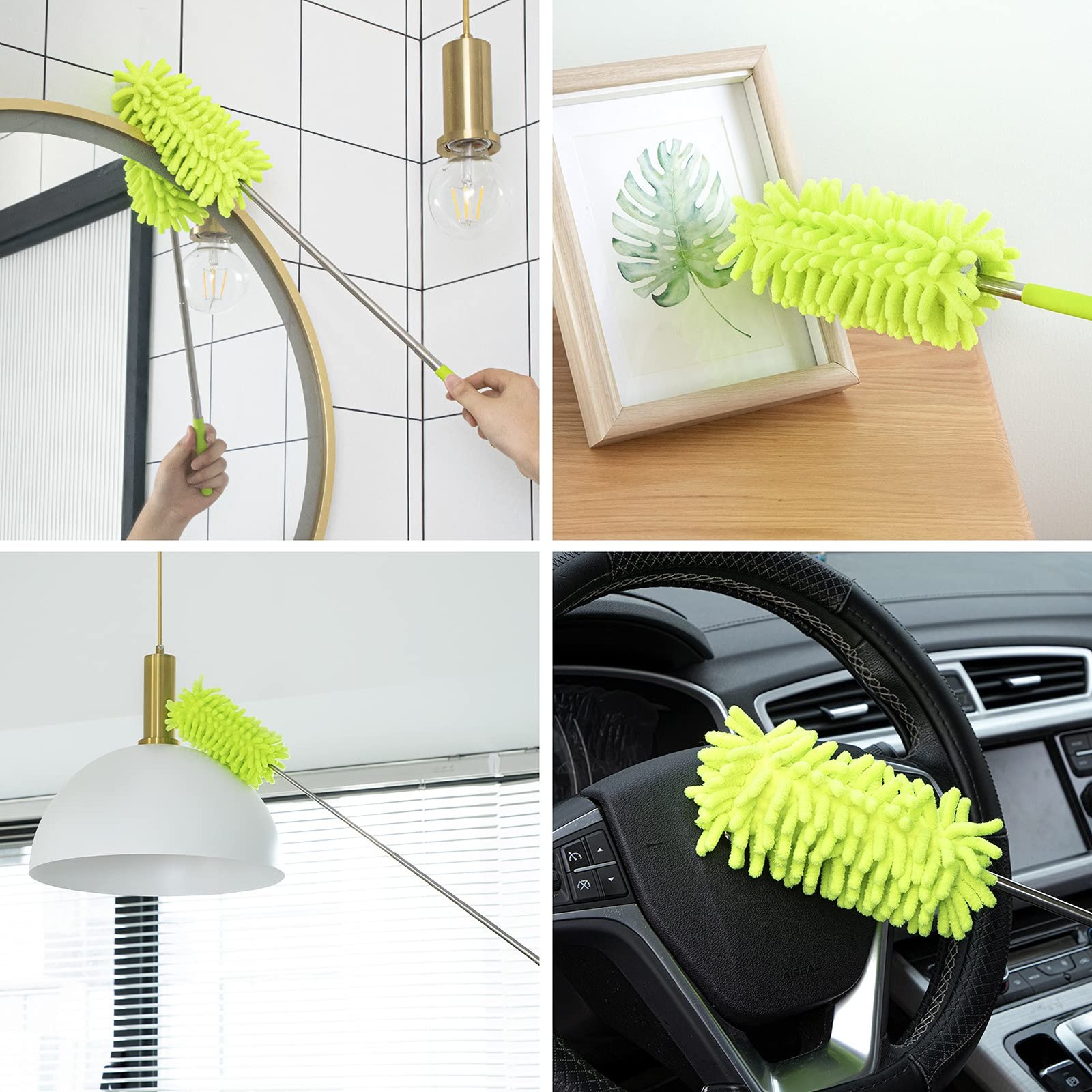 Duster for Cleaning, 10-29″ Extension Pole, 2 Washable 2 Attachments, Green