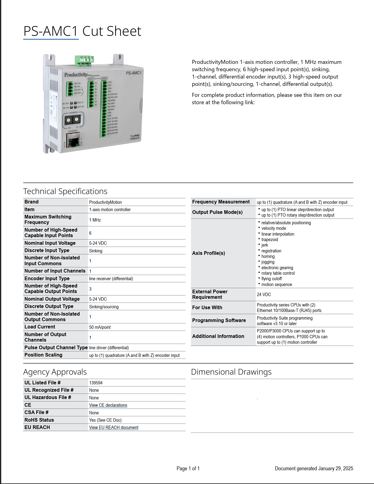PS-AMC1 Productivity / Automation Direct, 1 Axis Motion Controller.