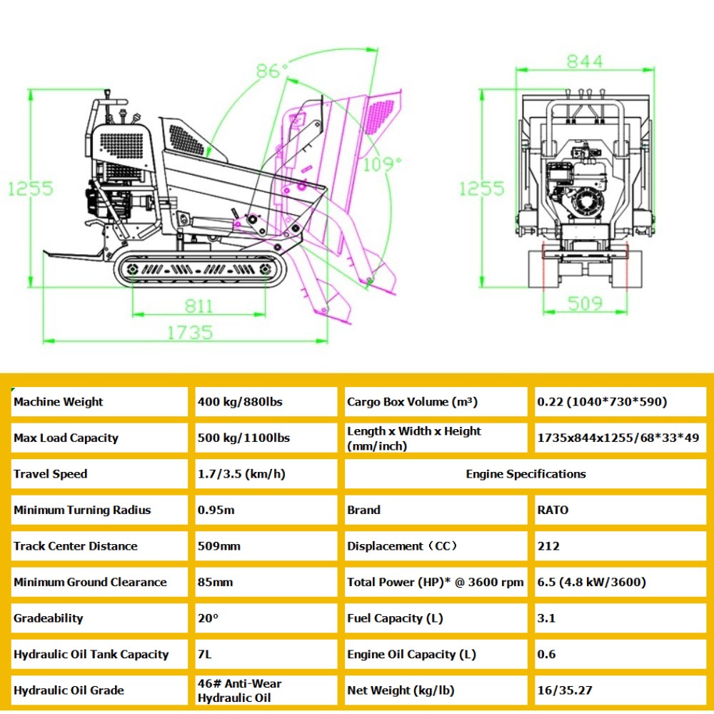 6.5HP Mini Crawler Dumper Tracked Self-Loading With Rato Engine EPA LandHonor