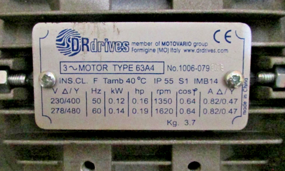 Motovario 63A4 Gearbox Reducer 4 Pole 3 Phase 1350-1620 RPM, 230/400V, 0.12kw