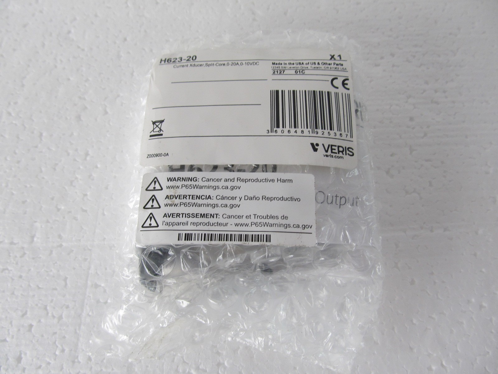 H623-20 Veris Analog Current Transducer, 0-20A Input, 0-10VDC Output, Split Core