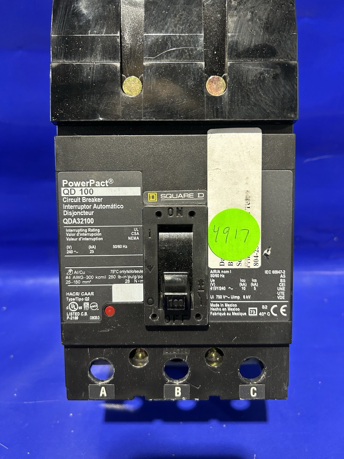 QDA32100 100 Amp 240V 3 Pole Square D PowerPact I-Line Circuit Breaker 🟦