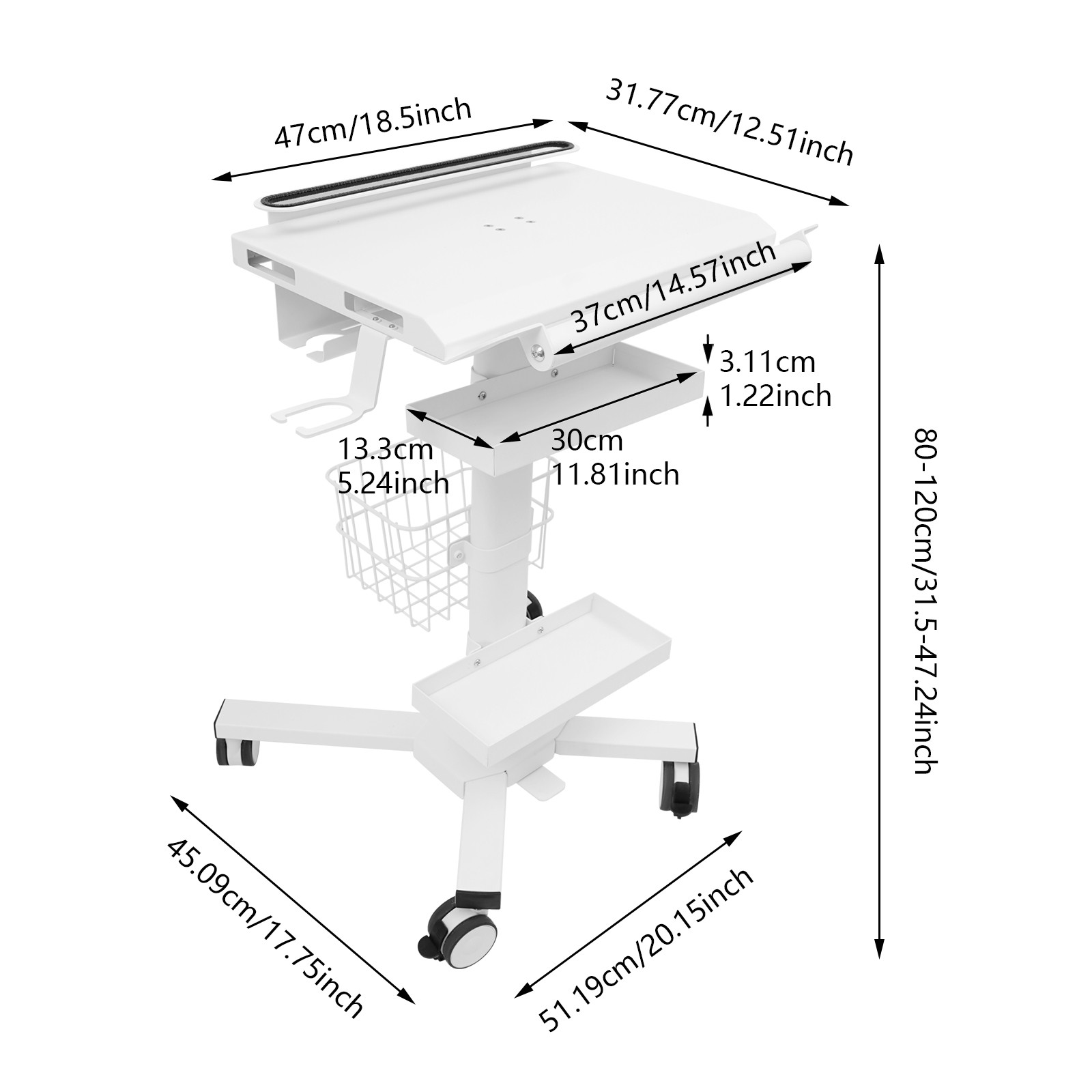 Height Adjustable Medical Laptop Workstation Cart Multi-Functional Medical Cart