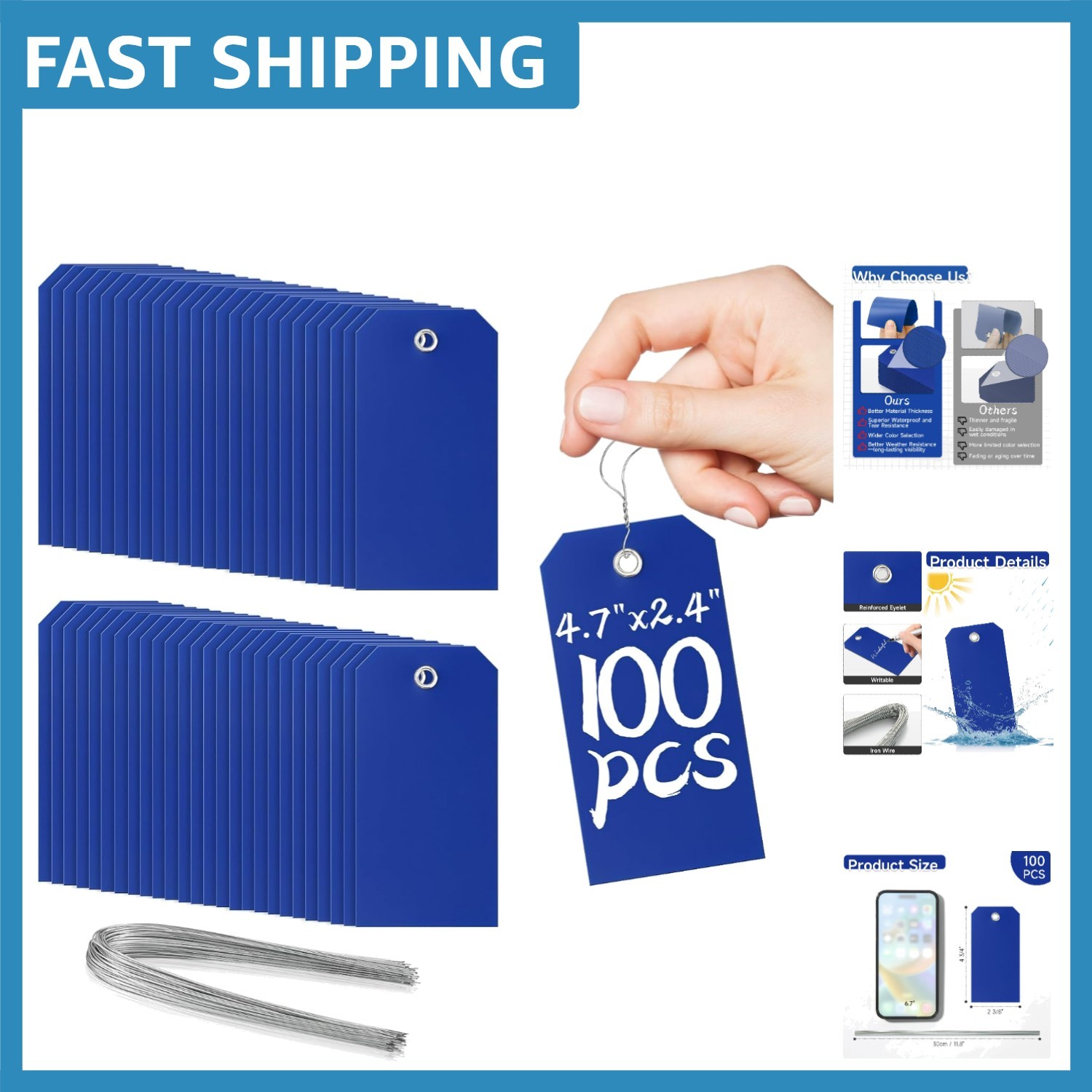 100 Waterproof Plastic Shipping Tags with Wires – Dark Blue, 4.75″ x 2.38″
