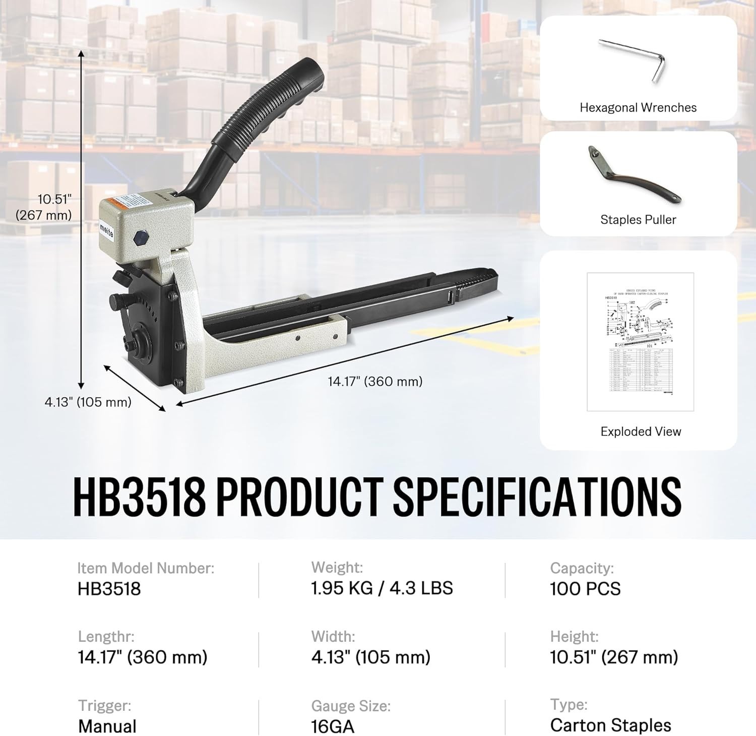 meite HB3518 16 Gauge 1-3/8 inch Crown Manual Carton Closing Stapler 3/4″ Length