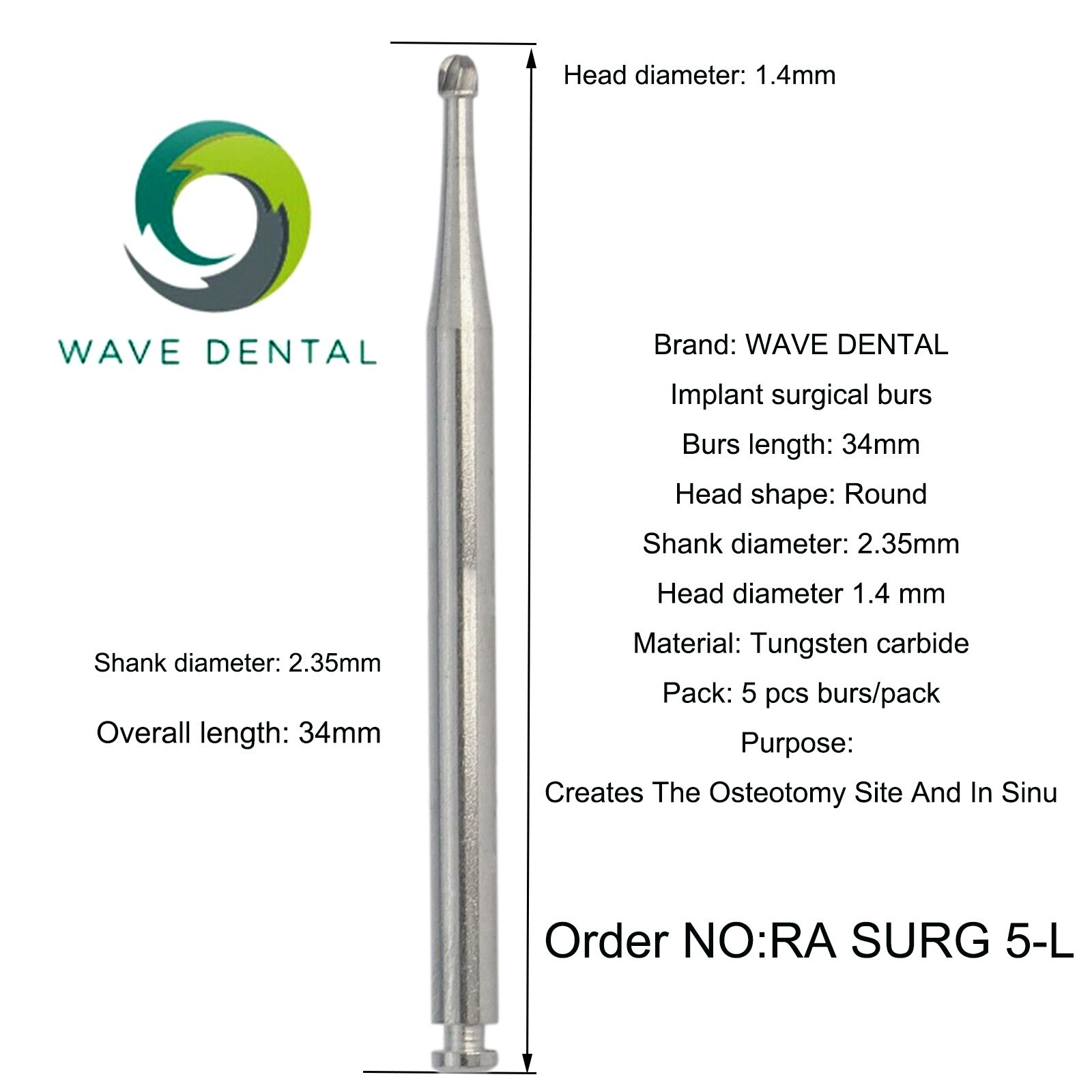 Wave Dental Burs Carbide Surgical Round Latch 26/34mm RA Slow Speed Contra Angle