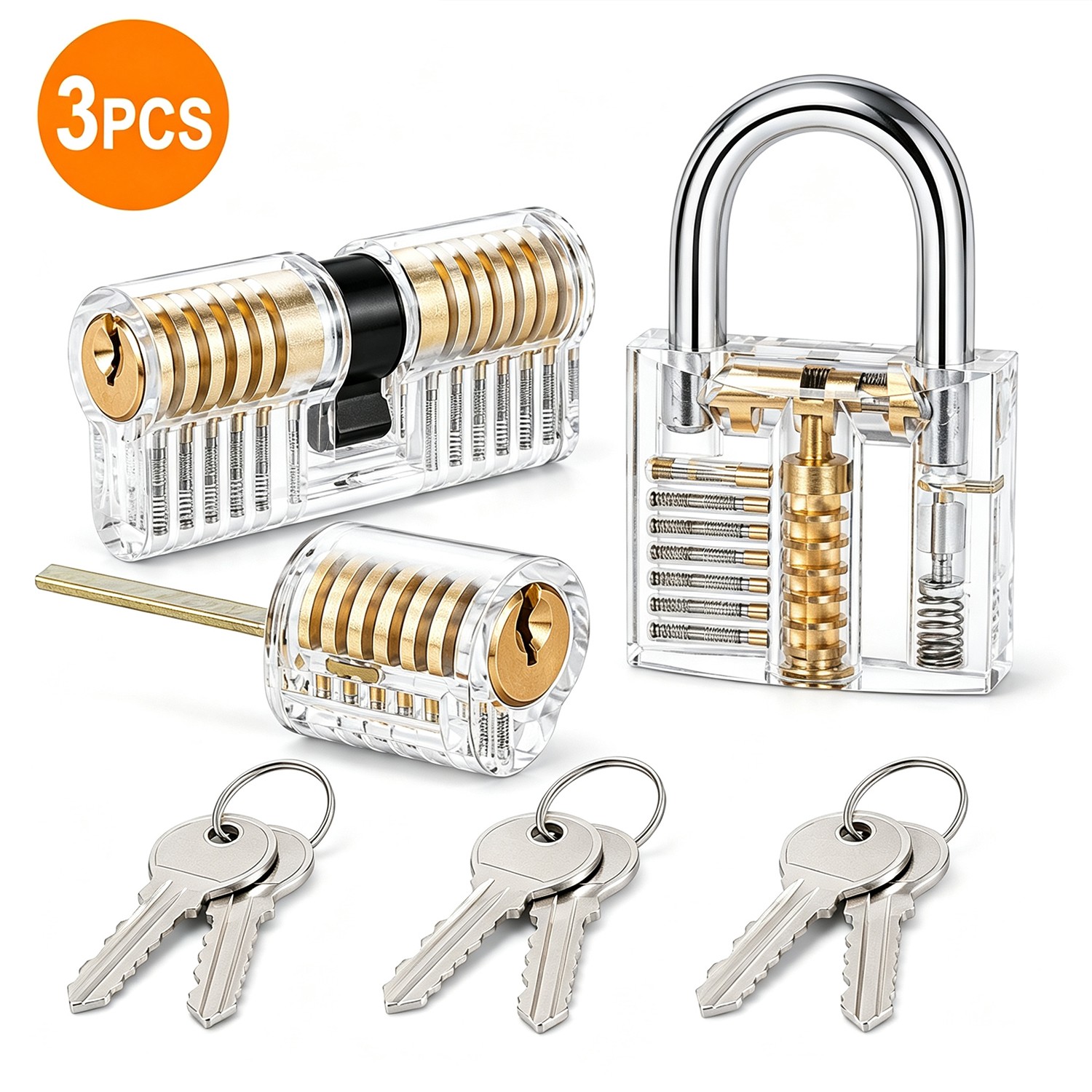 3PC Clear Acrylic Practice Lock Transparent Cutaway Pin Tumbler Training Set